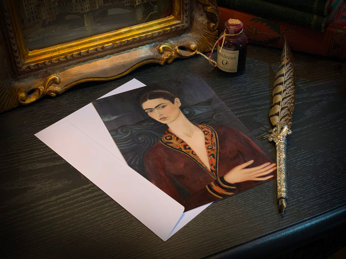 self portrait in a velvet dress frida kahlo by Kahlo, Set of 5in x 7in Flat Notecards for Everyday Correspondence With White Envelopes Size:16 (2XL) Product ID:AP1E212835_AA432_M LEILA Mini Sequin Dress