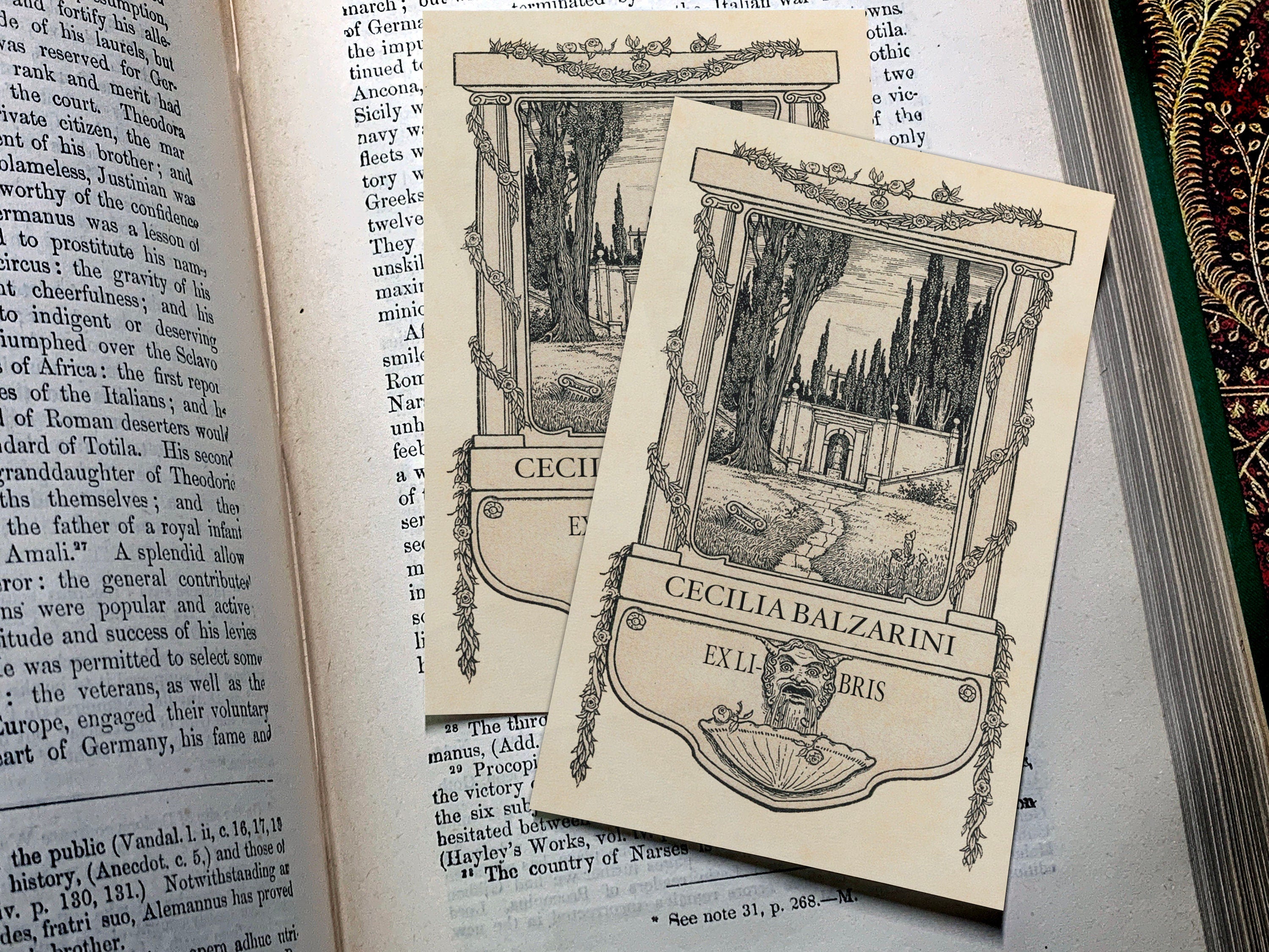 Italian Garden, Personalized Ex-Libris Bookplates, Crafted on Traditional Gummed Paper, 2.5in x 4in, Set of 30