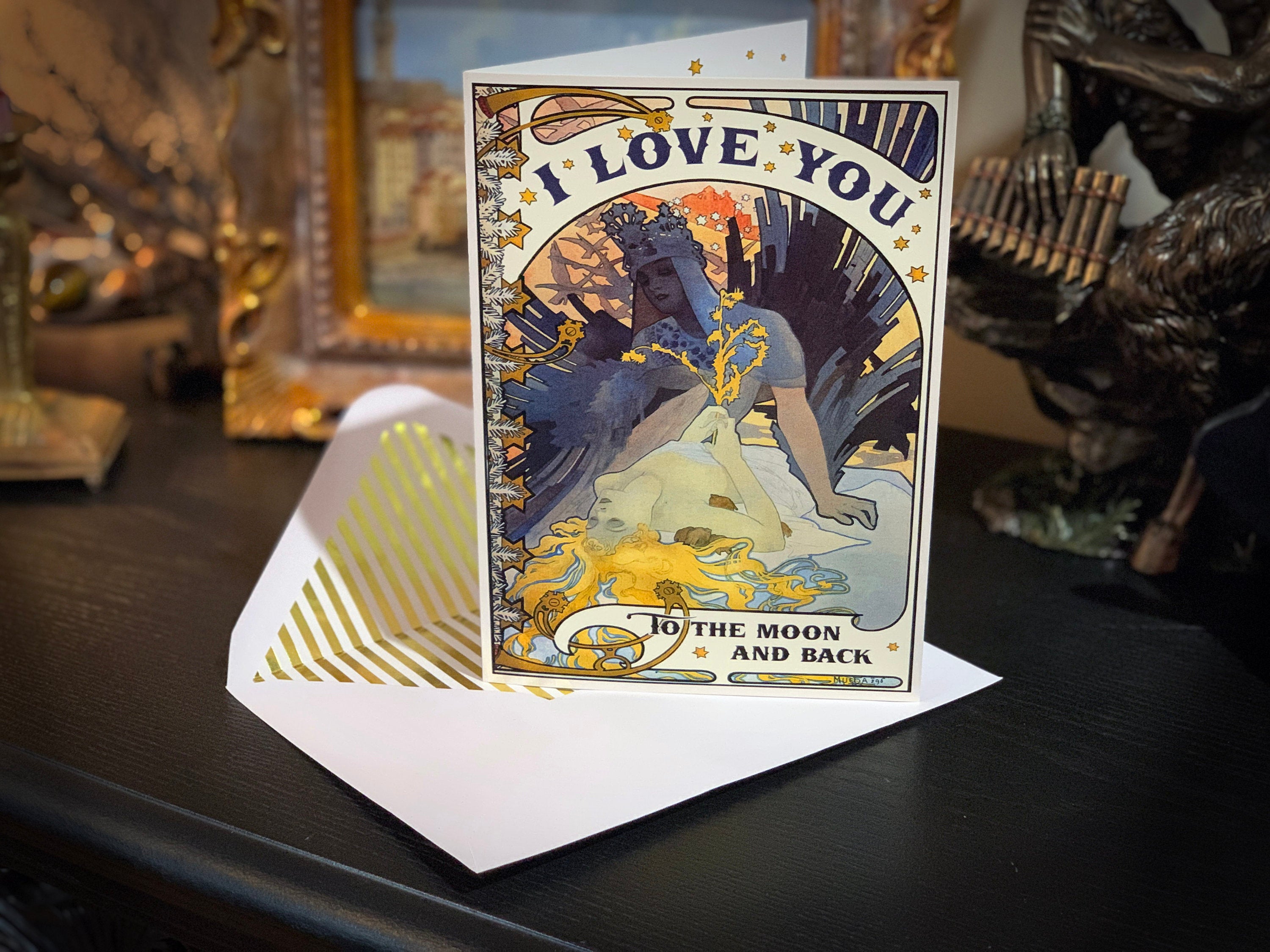 I Love You to the Moon and Back, Celestial Goddesses, Lesbian Valentine's Day Greeting Card with Gold Foil Envelope, 1 Card/Envelope
