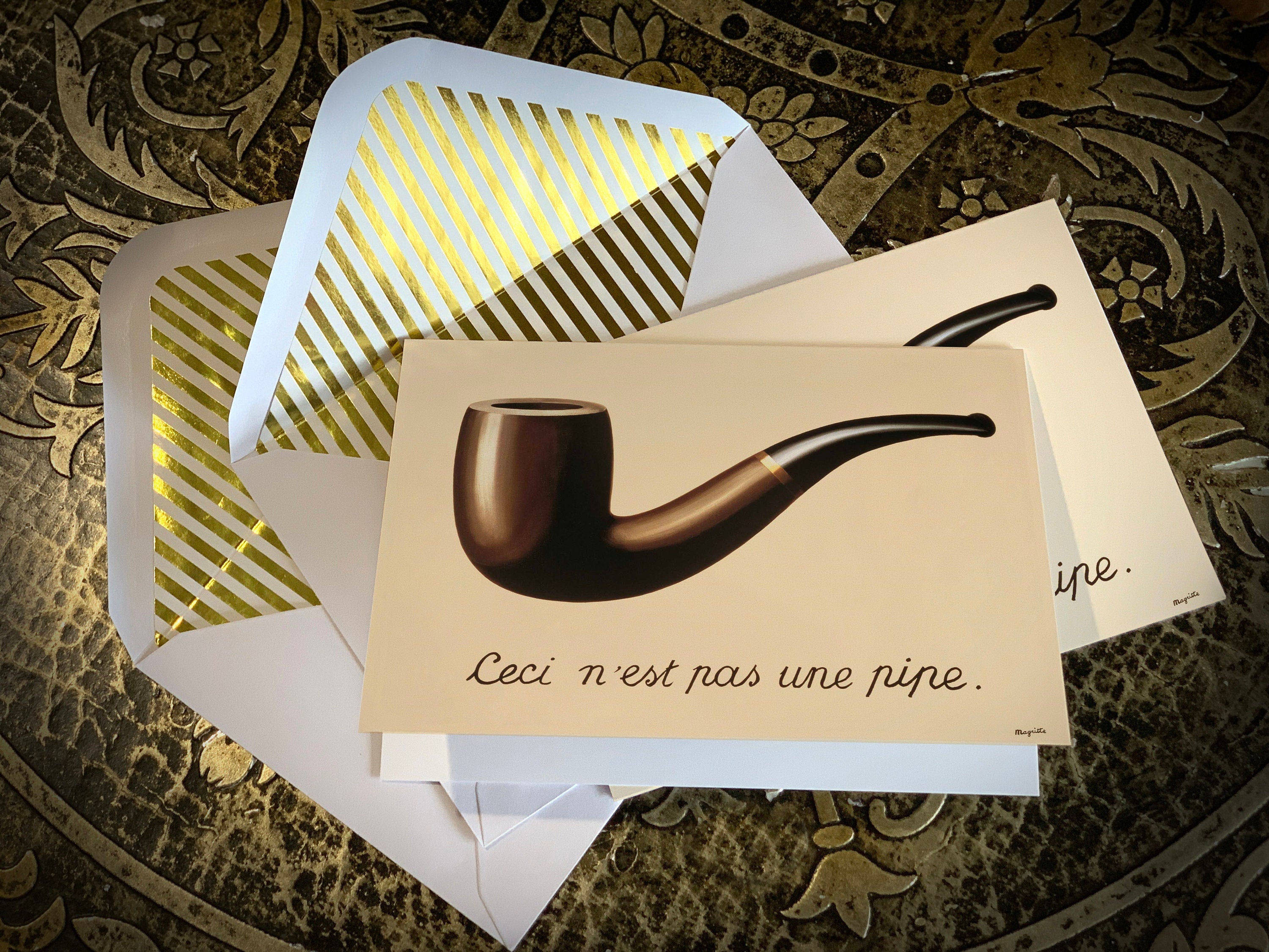 Ceci N'est Pas Une Pipe by Rene Magritte, Surrealist Greeting Card with Elegant Striped Gold Foil Envelope, 1 Card/Envelope