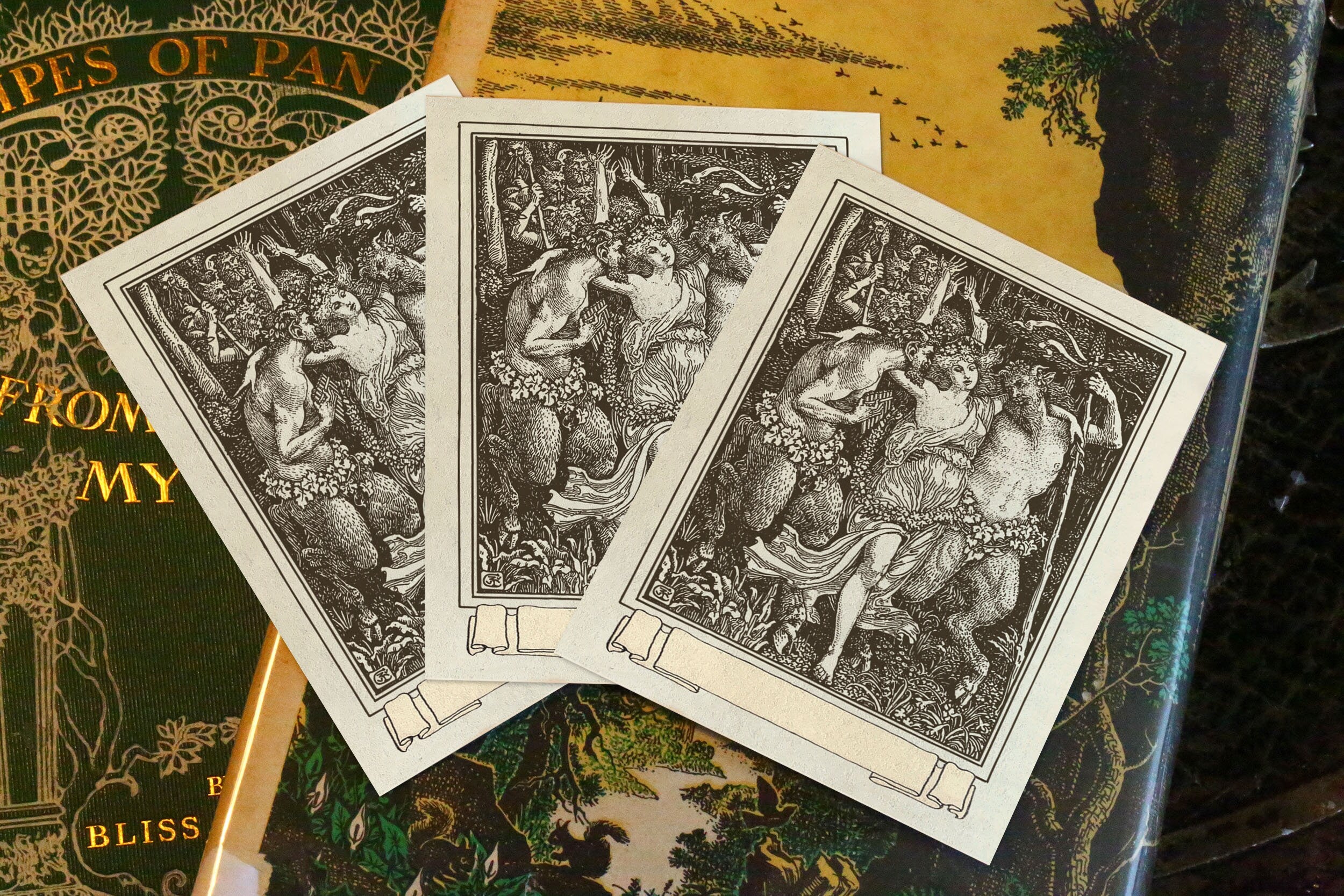 Jolly Satyrs With Nymph, Personalized, Ex-Libris Bookplates, Crafted on Traditional Gummed Paper, 3in x 4in, Set of 30