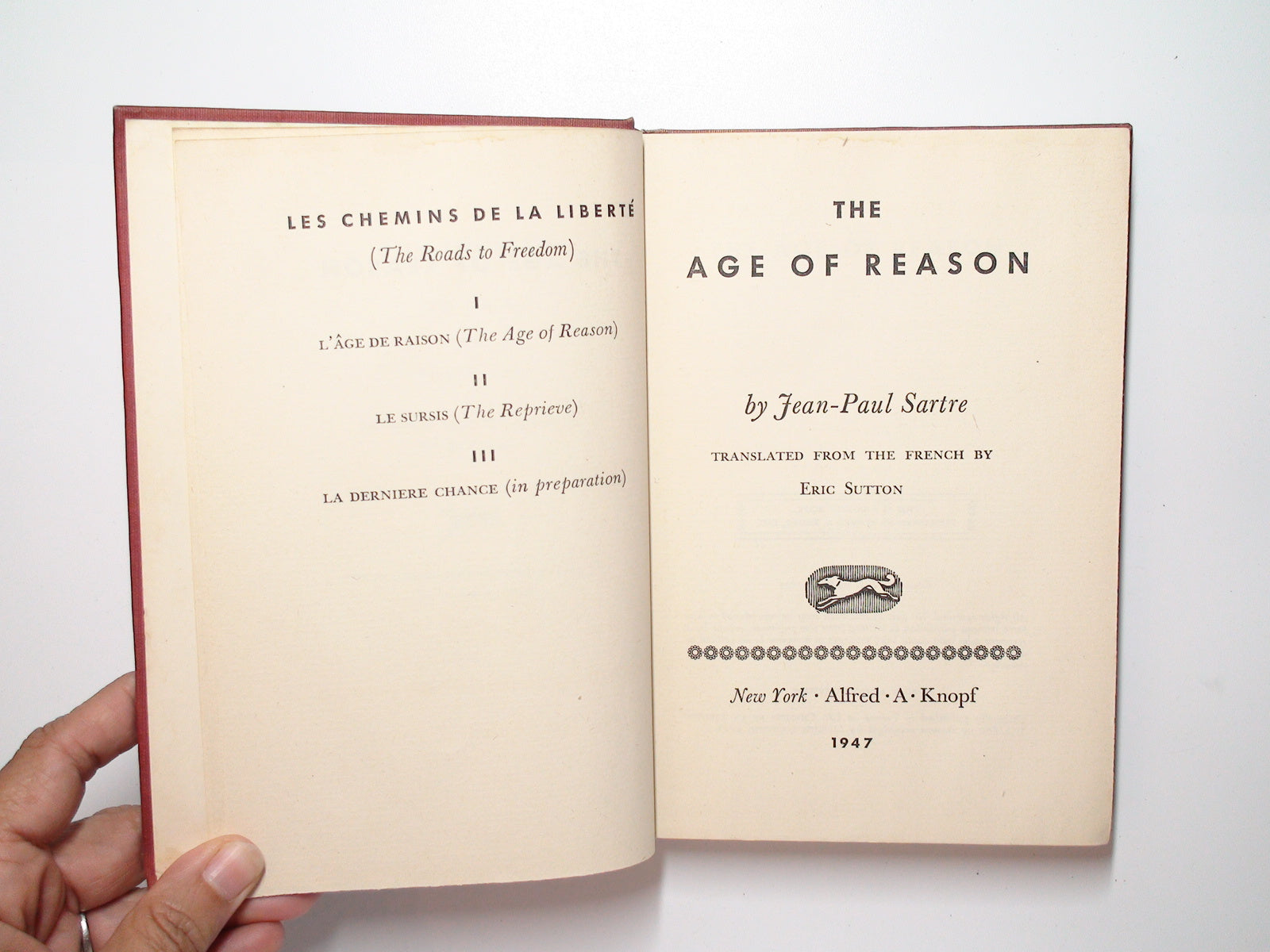 The Age of Reason, by Jean Paul Sartre, 1st American Ed, No D/J, 1947