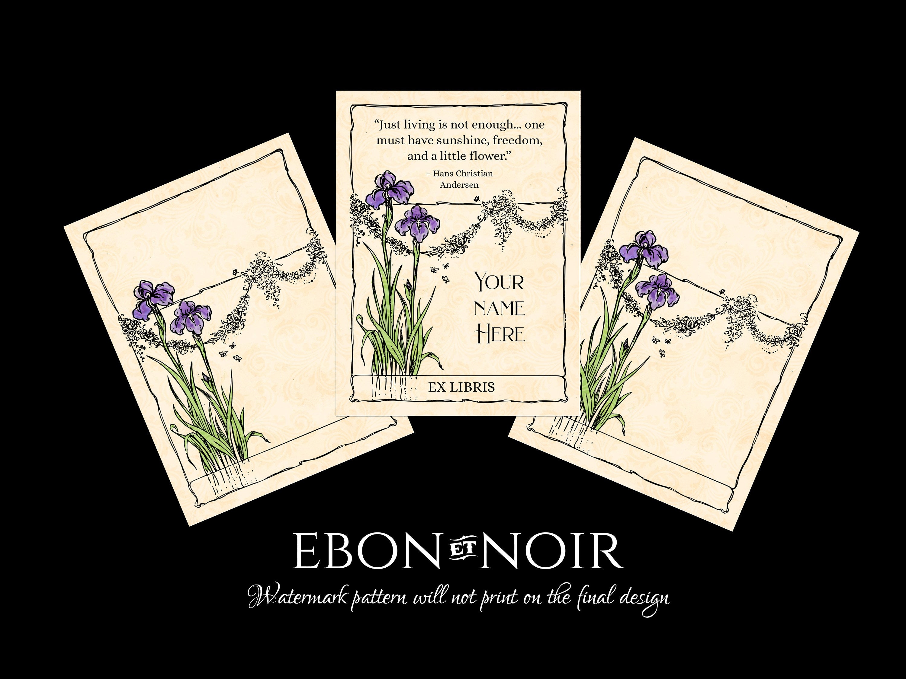 Romantic Iris, Art Deco Personalized Ex-Libris Bookplates, Crafted on Traditional Gummed Paper, 4in x 3in, Set of 30