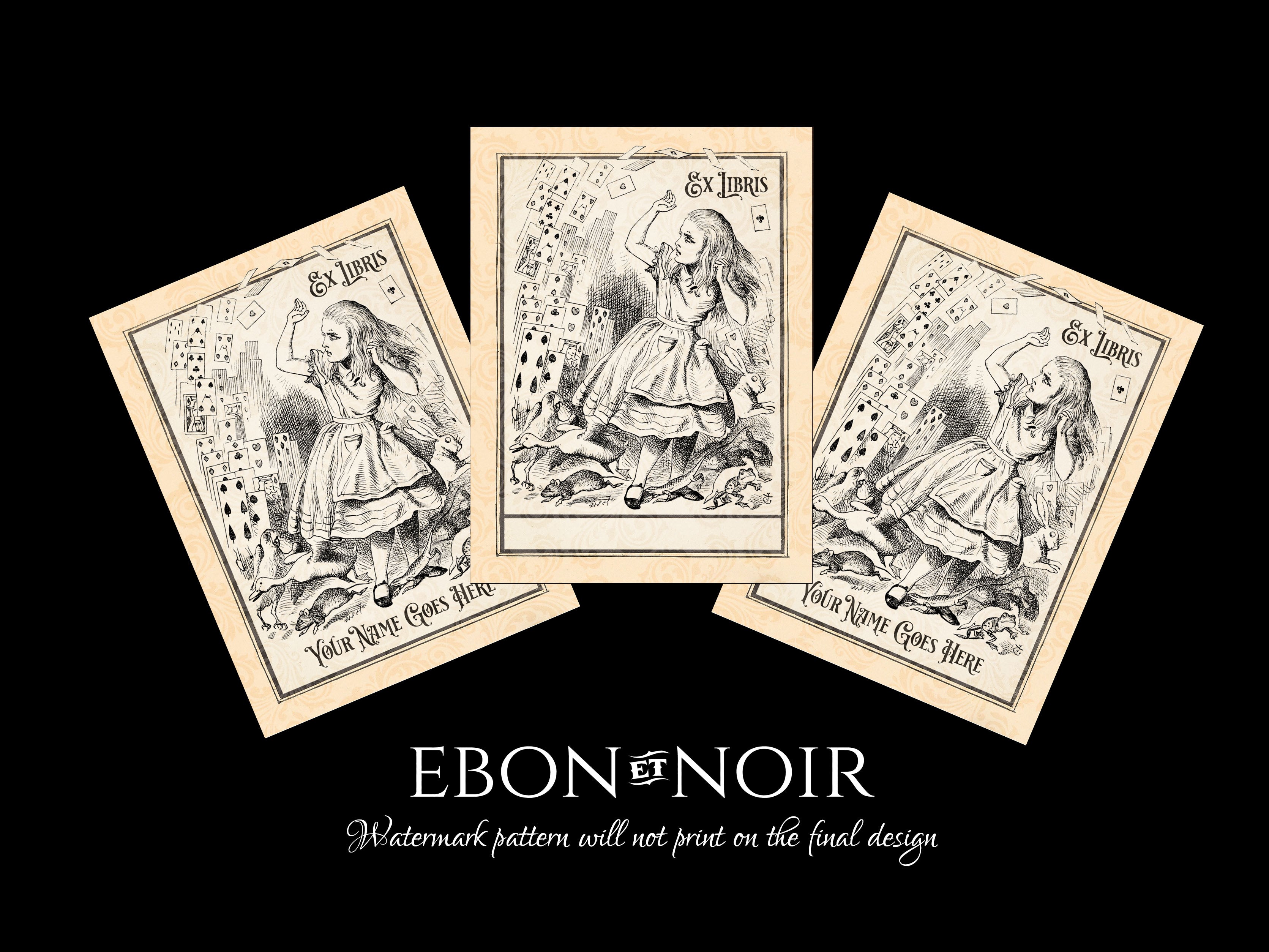Flying Cards, Alice in Wonderland, Personalized Ex-Libris Bookplates, Crafted on Traditional Gummed Paper, 3in x 4in, Set of 30
