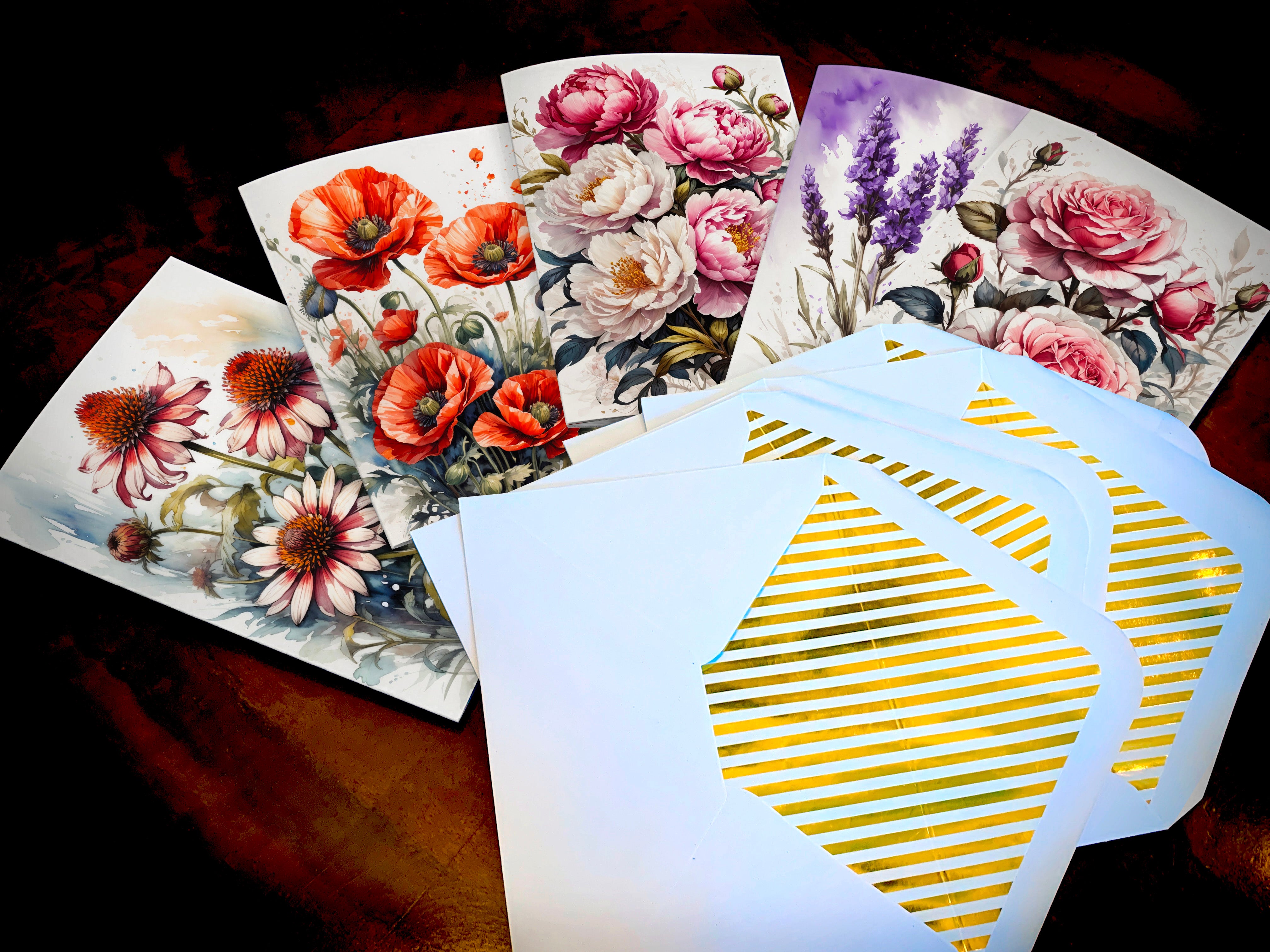 Cottage Garden Favorites, Floral Everyday Fine Art Greeting Cards with Elegant Striped Gold Foil Envelopes, 5 Cards/5 Envelopes