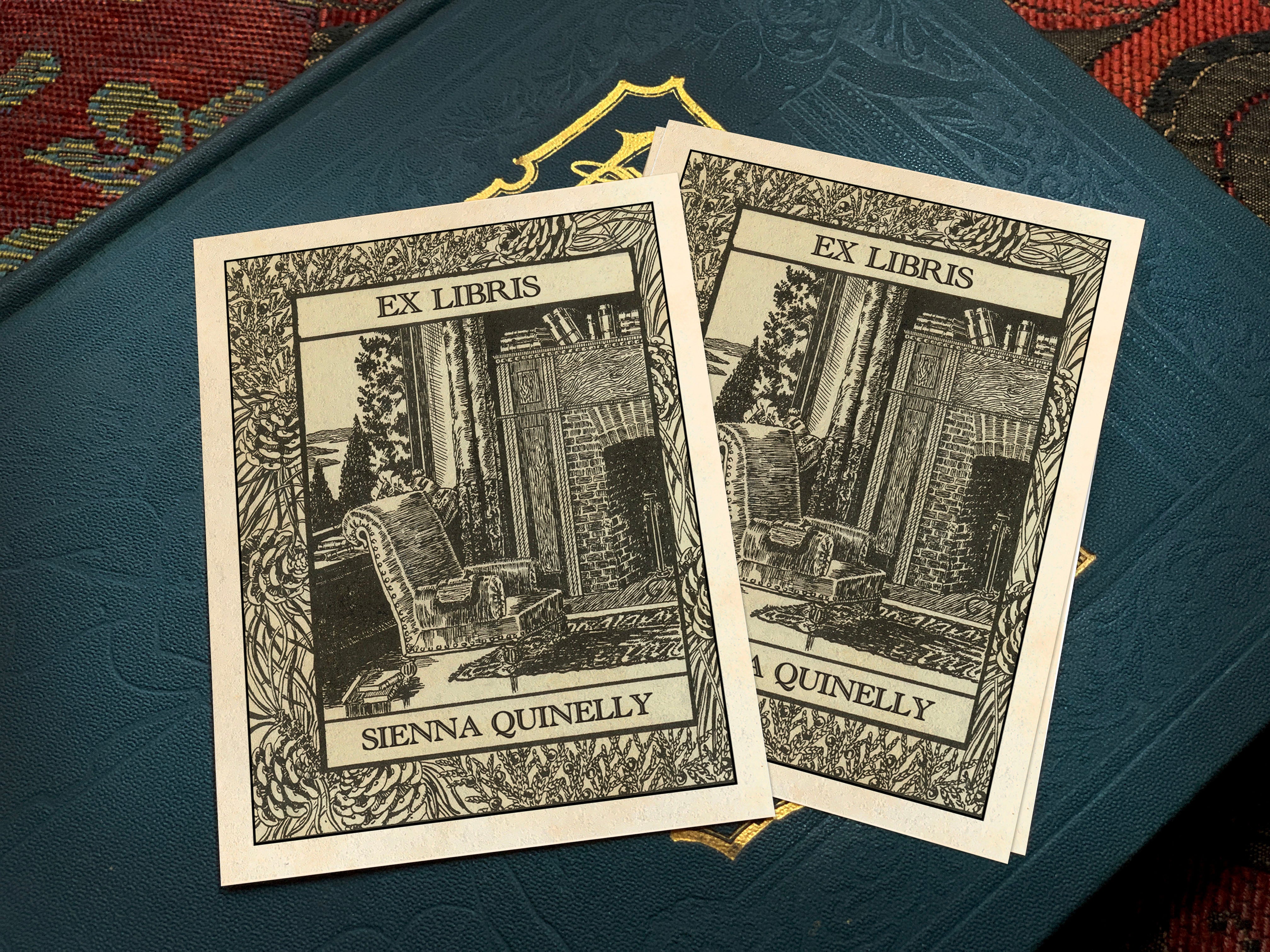 Cozy by the Fire, Personalized Ex-Libris Bookplates, Crafted on Traditional Gummed Paper, 3in x 4in, Set of 30