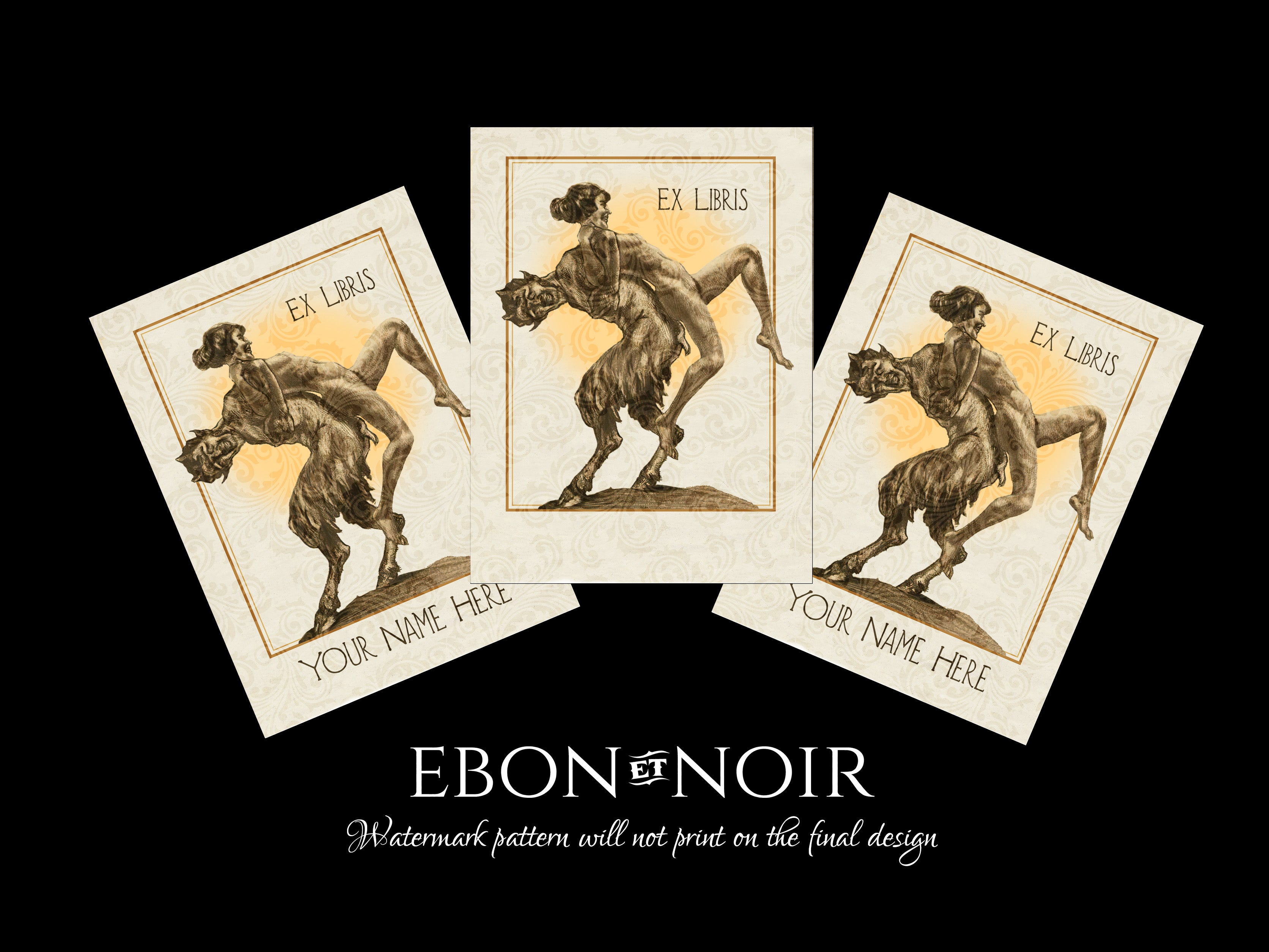 Mythical Revelry, Satyr and Nymph, Personalized, Ex-Libris Bookplates, Crafted on Traditional Gummed Paper, 3in x 4in, Set of 30