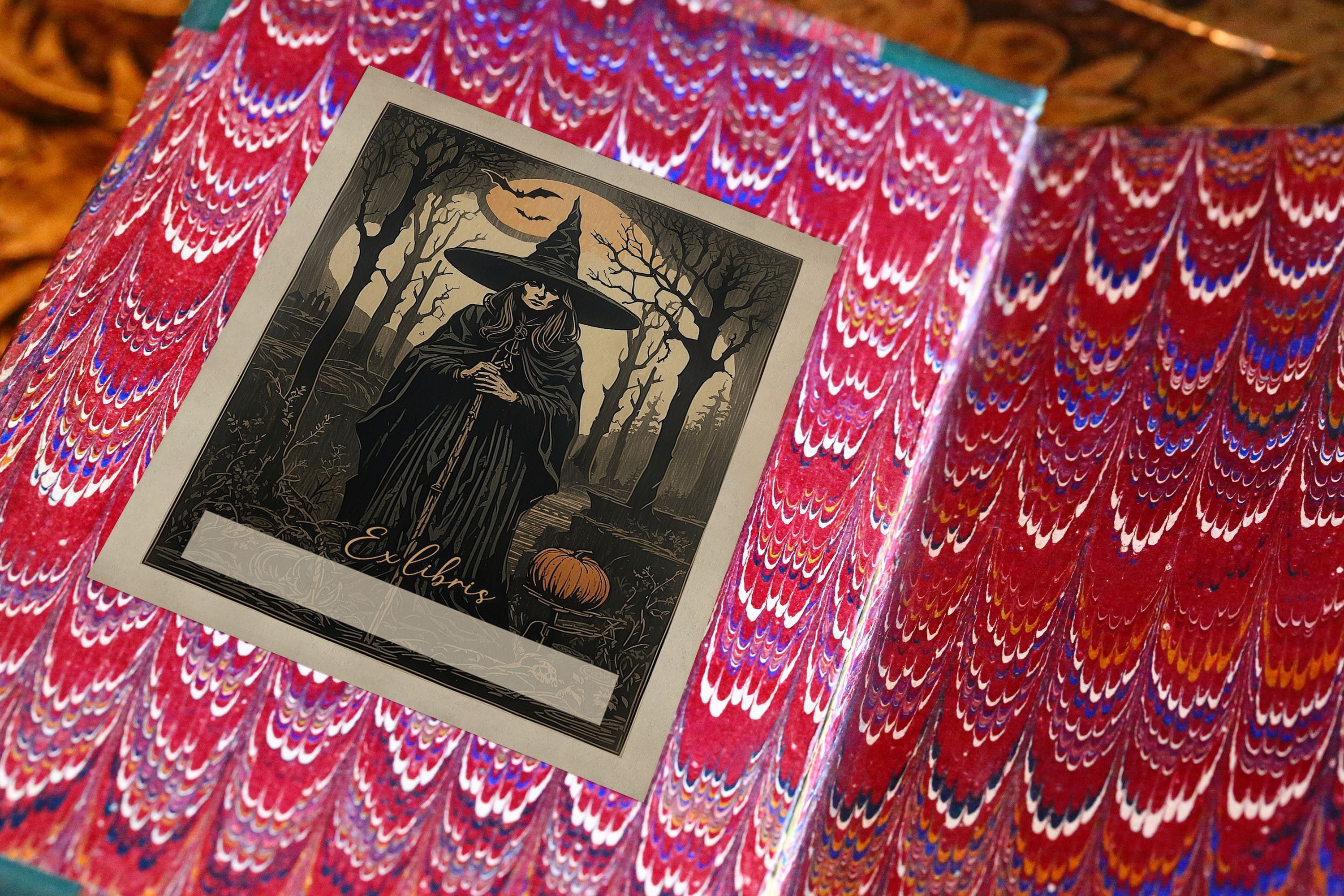 Mystical Pumpkin Witch, Personalized Ex-Libris Bookplates, Crafted on Traditional Gummed Paper, 3in x 4in, Set of 30