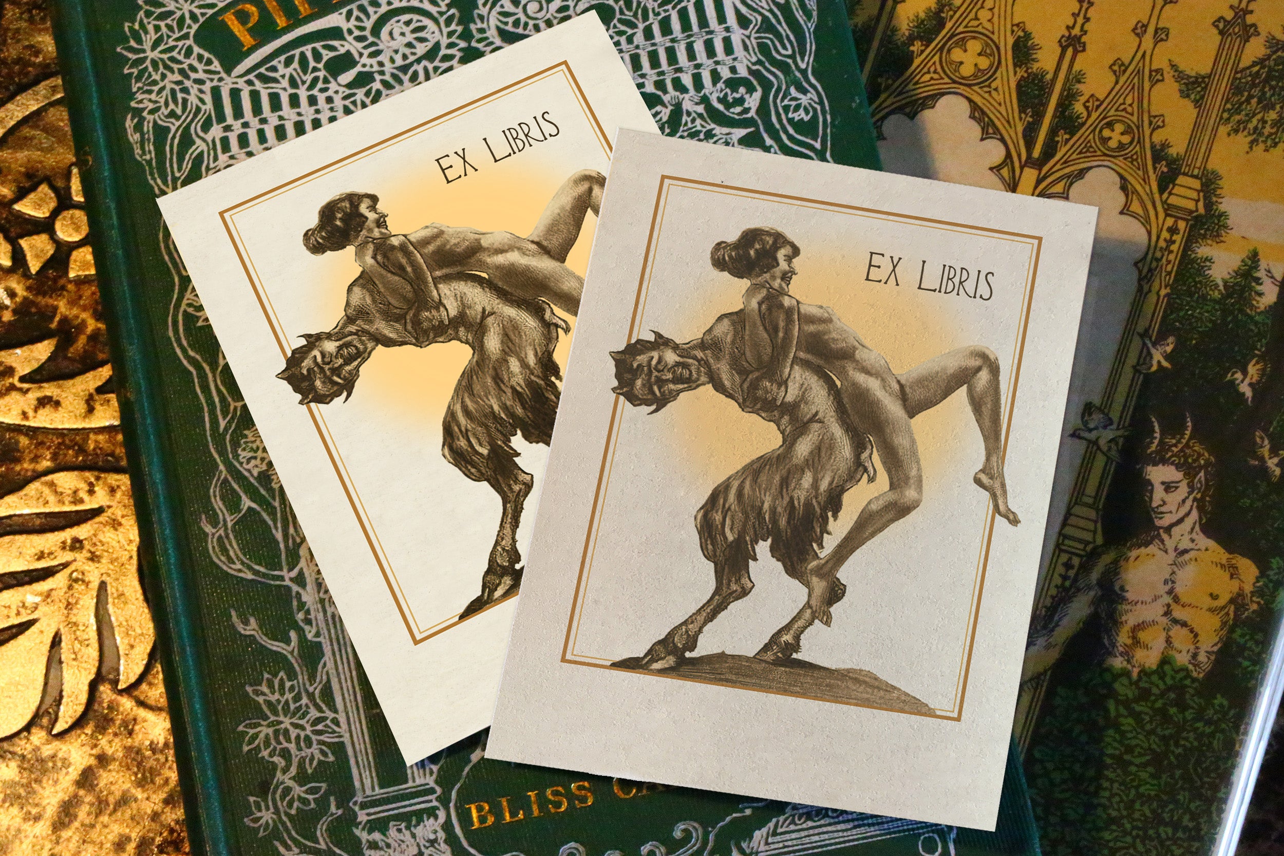 Mythical Revelry, Satyr and Nymph, Personalized, Ex-Libris Bookplates, Crafted on Traditional Gummed Paper, 3in x 4in, Set of 30