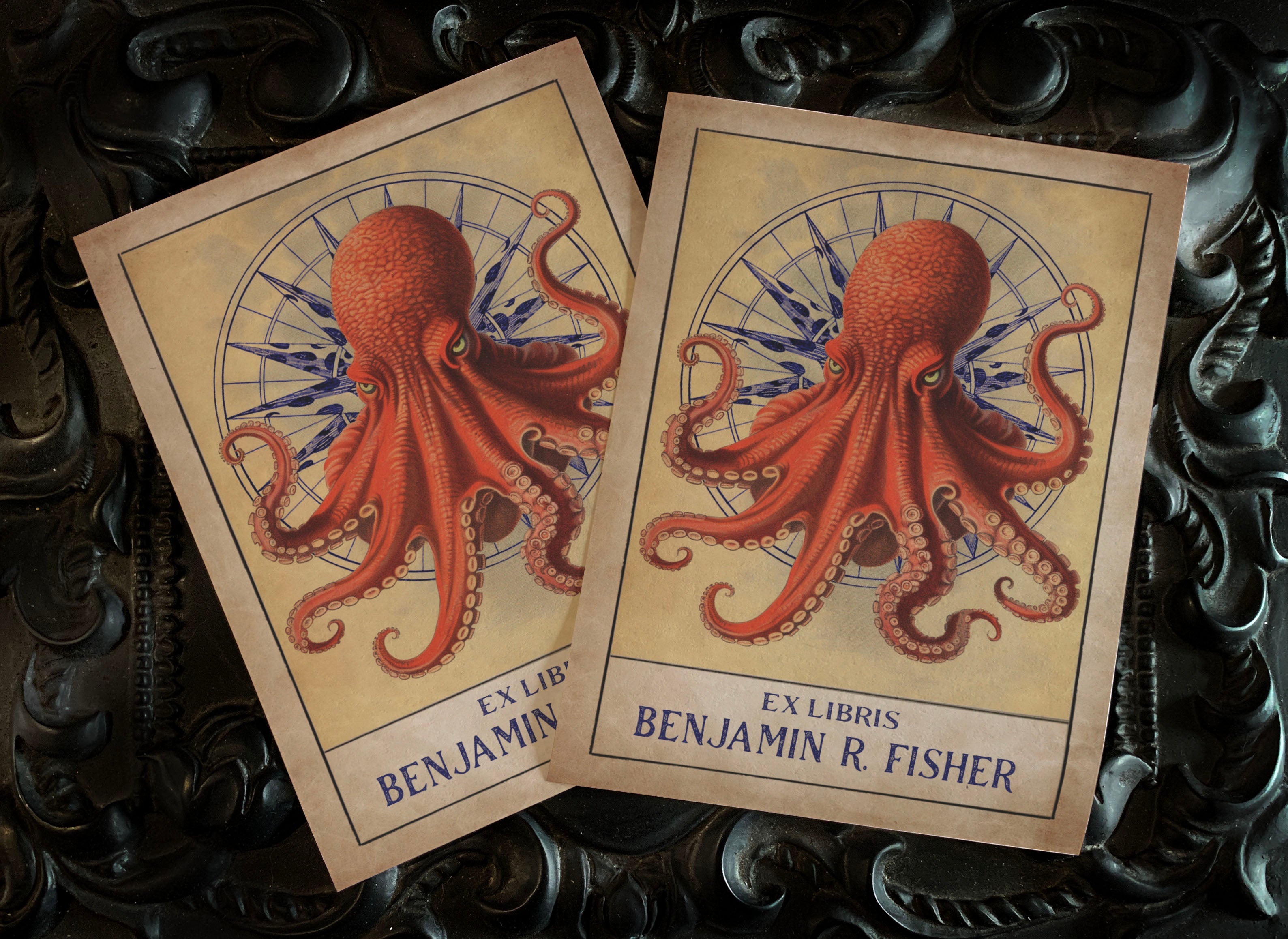 Red Octopus, Personalized Ex-Libris Bookplates, Crafted on Traditional Gummed Paper, 3in x 4in, Set of 30