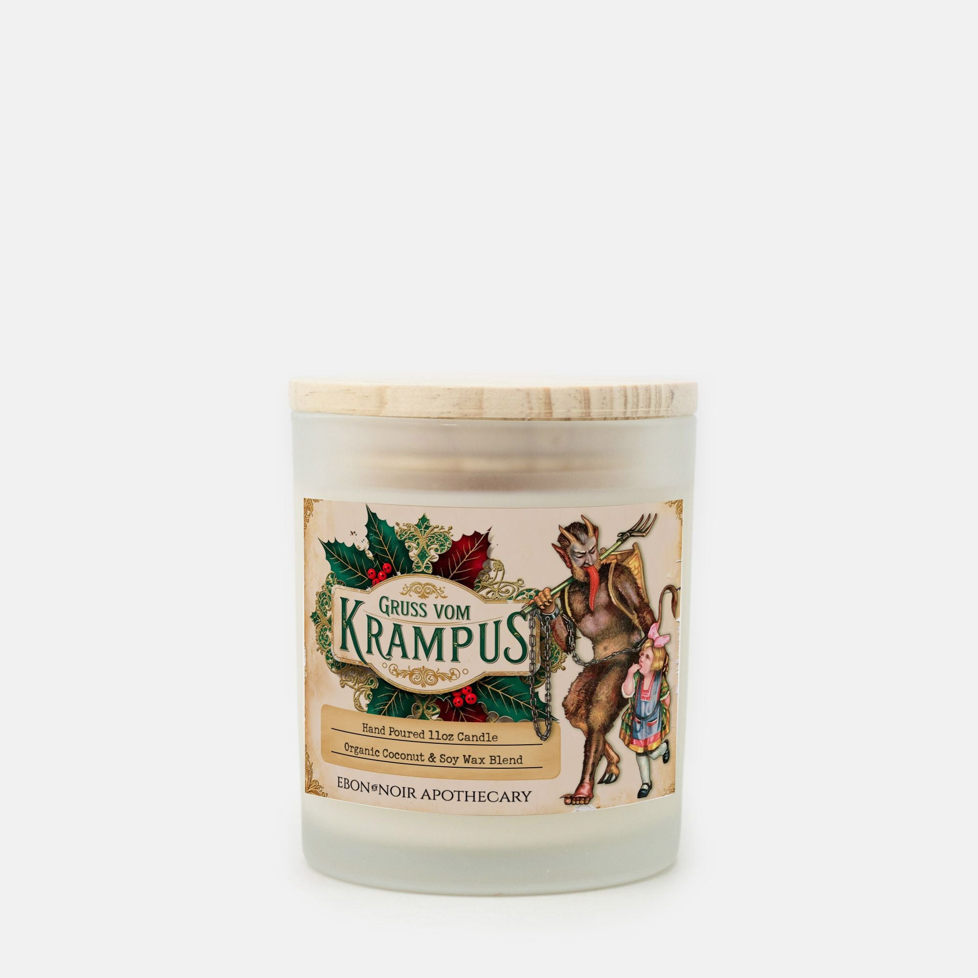 Gruss Vom Krampus Christmas Candle, Frosted Glass Jar, Hand Poured Vegan Wax, Wooden Wick, 50+ Hours of Burn Time