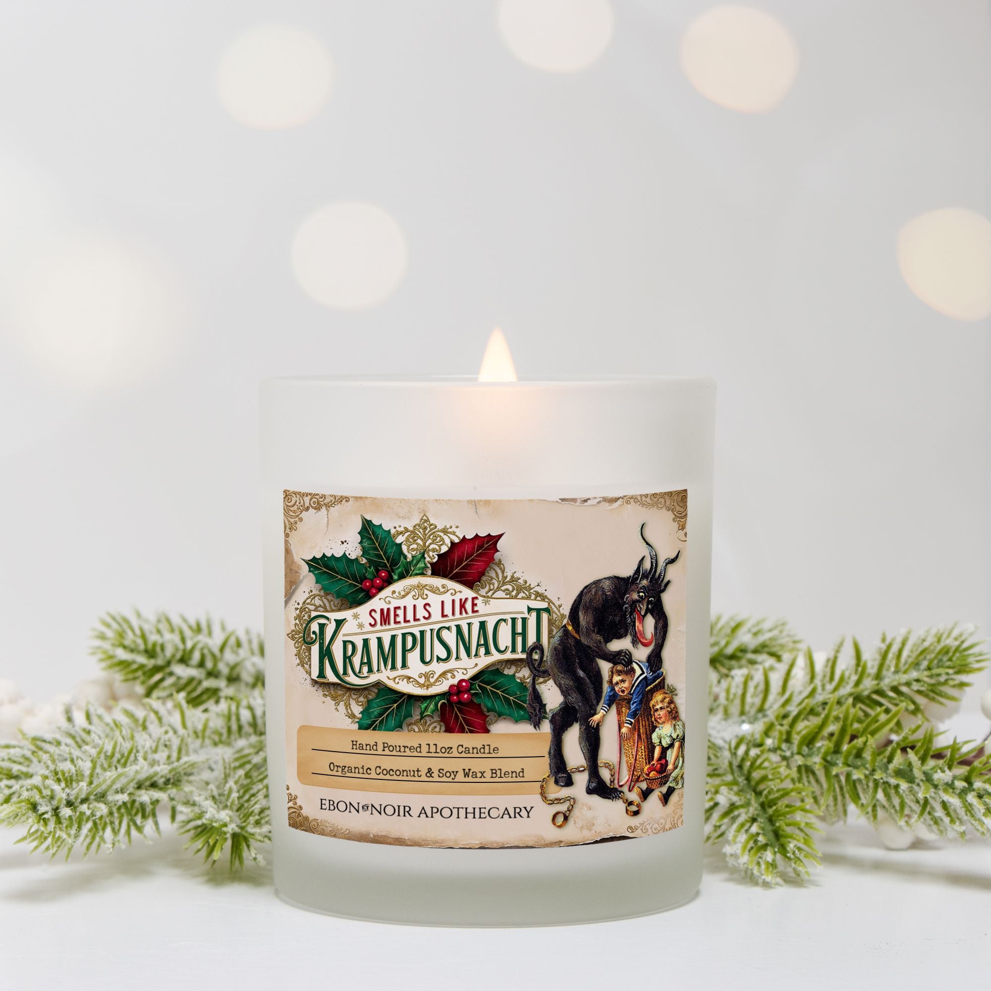 Smells Like Krampusnacht, Gruss Vom Krampus Christmas Candle, Frosted Glass Jar, Hand Poured Vegan Wax, Wooden Wick, 50+ Hours of Burn Time