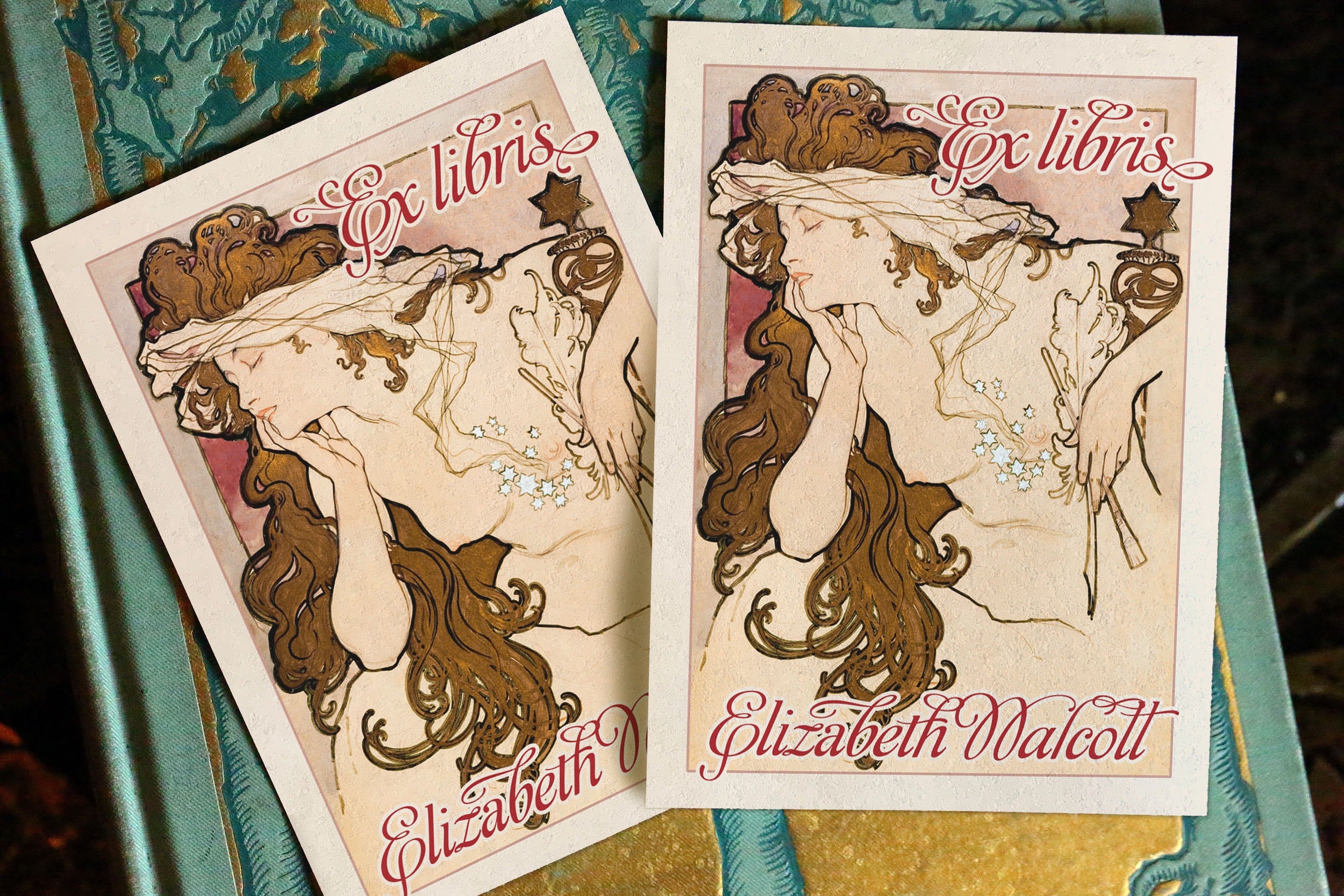 Starry Dreamer by Alphonse Mucha, Personalized Art Nouveau Ex-Libris Bookplates, Crafted on Traditional Gummed Paper, 3in x 4in, Set of 30