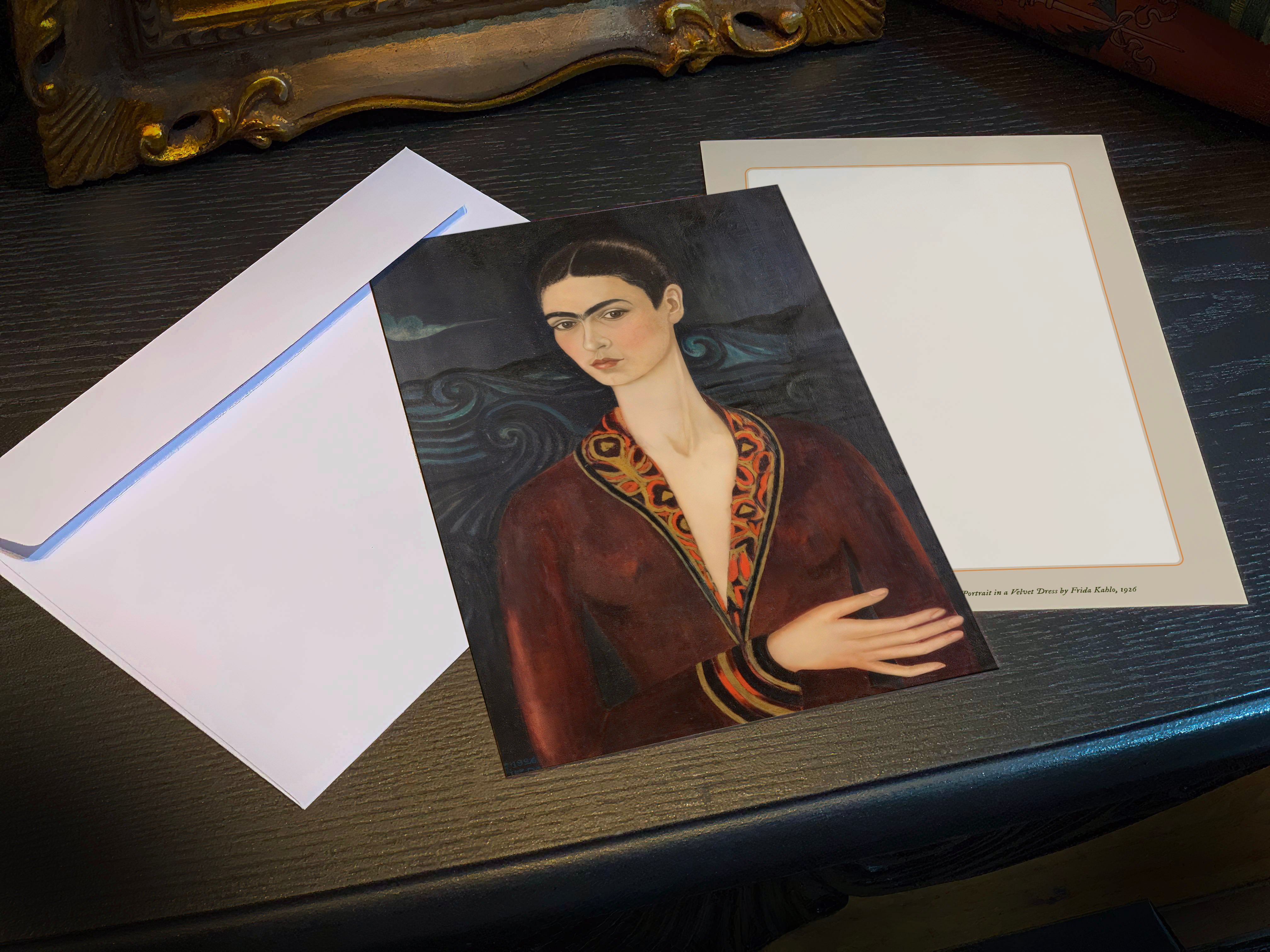 Self Portrait in a Velvet Dress by Frida Kahlo, Set of 5in x 7in Flat Notecards for Everyday Correspondence With White Envelopes