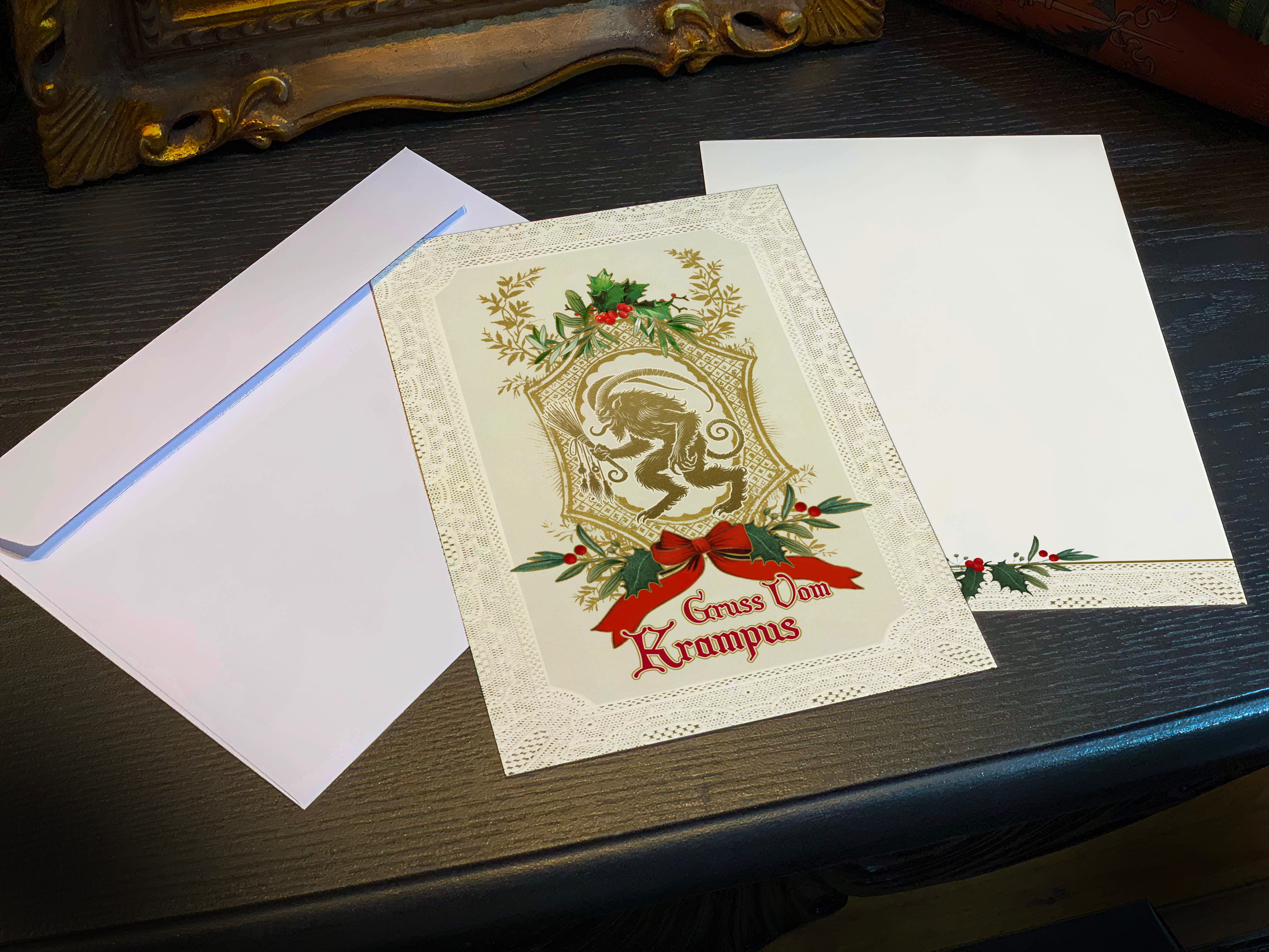 Laced With Mischief, Gruss Vom Krampus, Set of Flat Double-sided Christmas Cards With White Envelopes, 5in x 7in