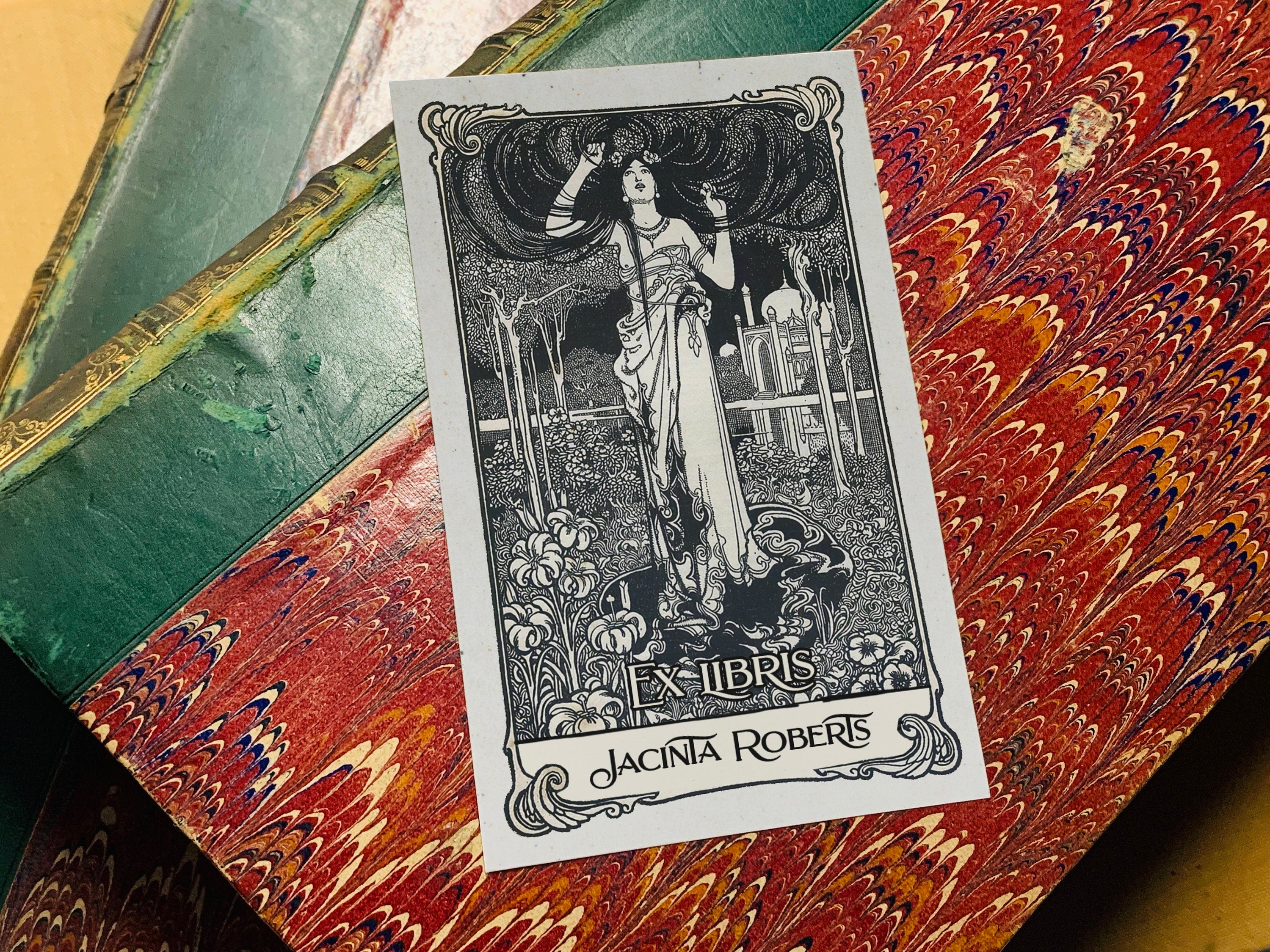 Ligeia, Personalized Art Nouveau Ex-Libris Bookplates, Crafted on Traditional Gummed Paper, 4in x 2.5in, Set of 30