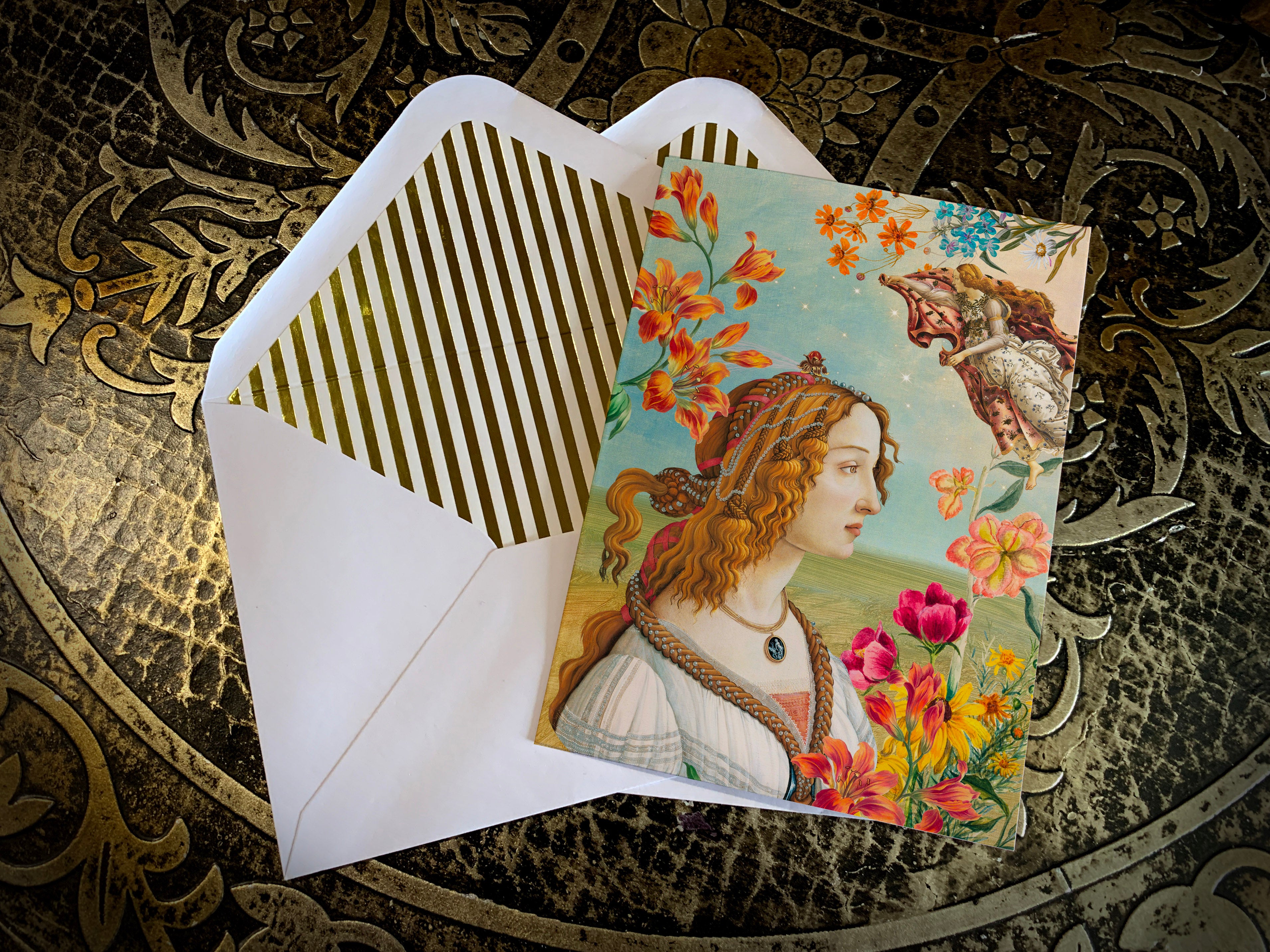 Primavera, Fine Art Greeting Cards with Elegant Striped Gold Foil Envelopes, 5 Cards/5 Envelopes