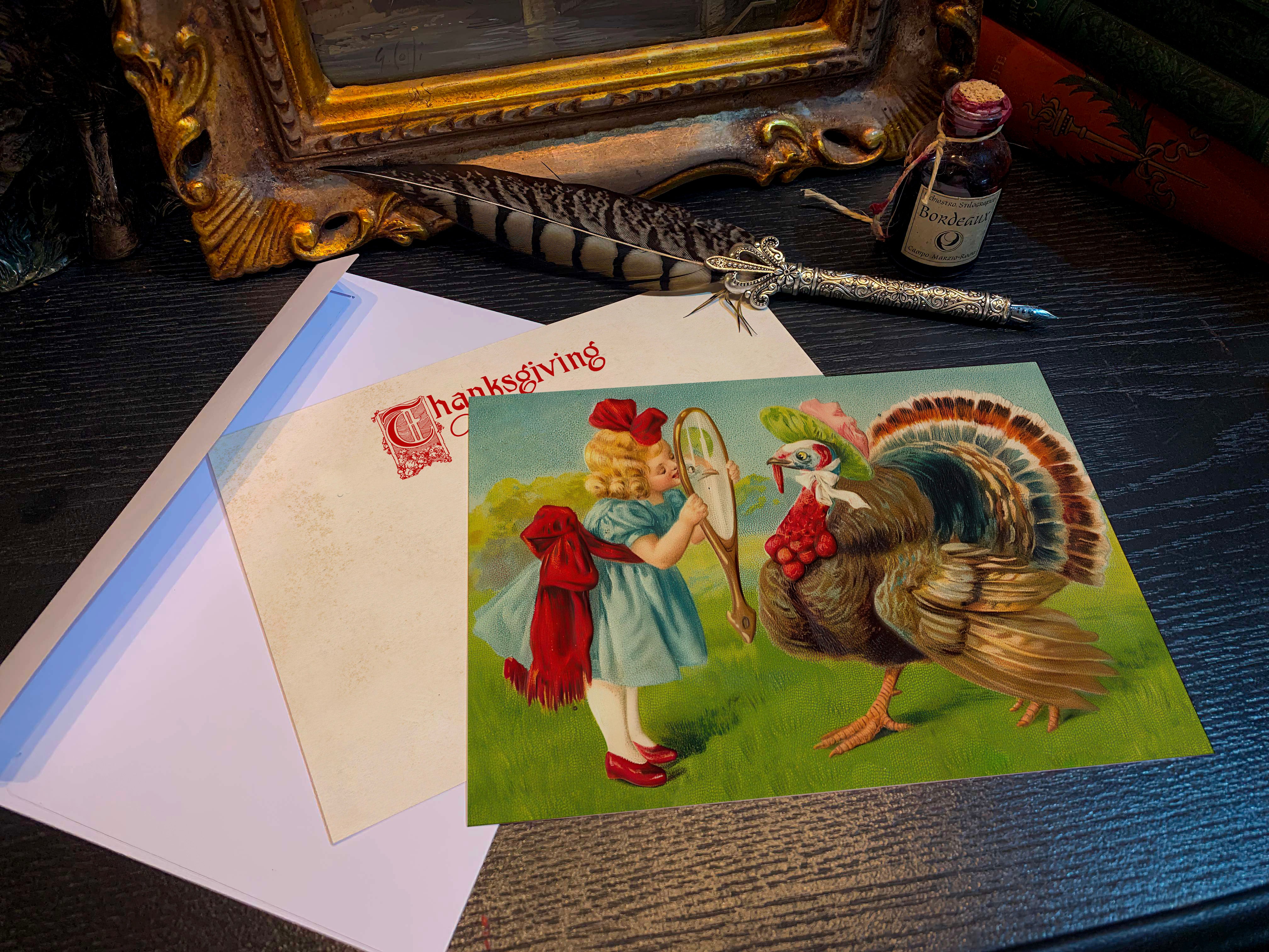 Turkey Reflection, Thanksgiving Greetings, Set of Flat Double-sided Cards, With White Envelopes, 5in x 7in