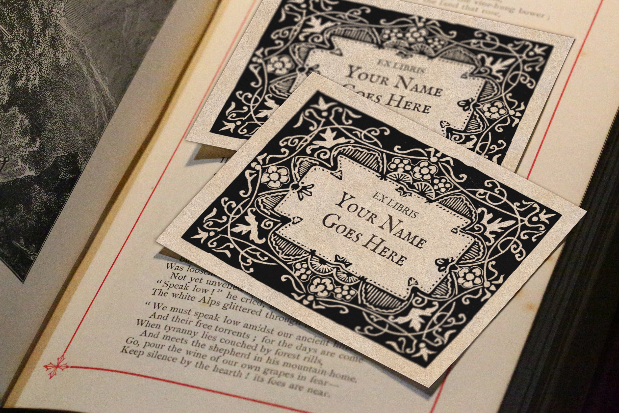 Floral Frieze, Personalized Ex-Libris Bookplates, Crafted on Traditional Gummed Paper, 3.25in x 2.5in, Set of 30