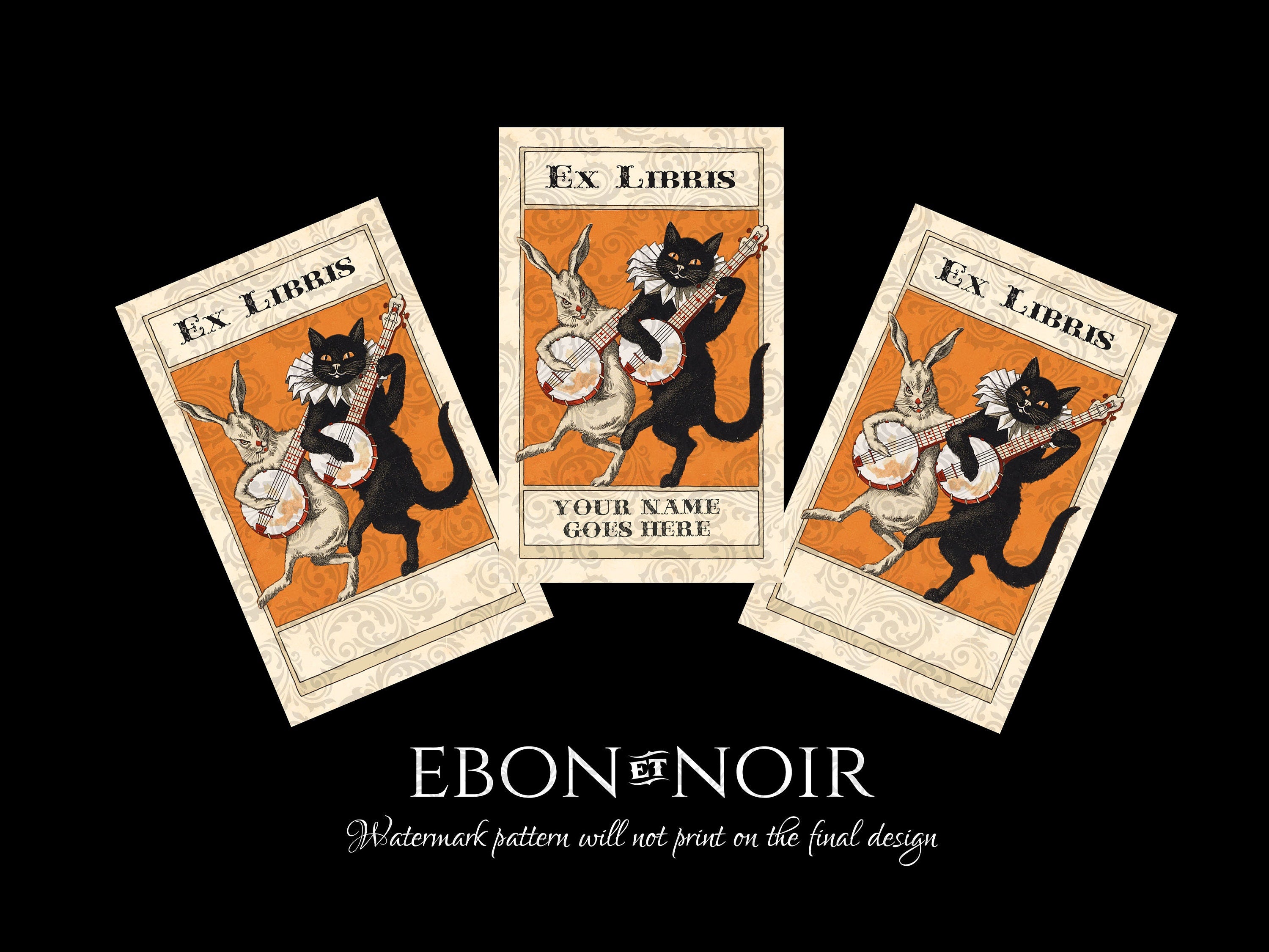 Banjo Cat and Rabbit, Personalized Ex-Libris Bookplates, Crafted on Traditional Gummed Paper, 2.5in x 4in, Set of 30