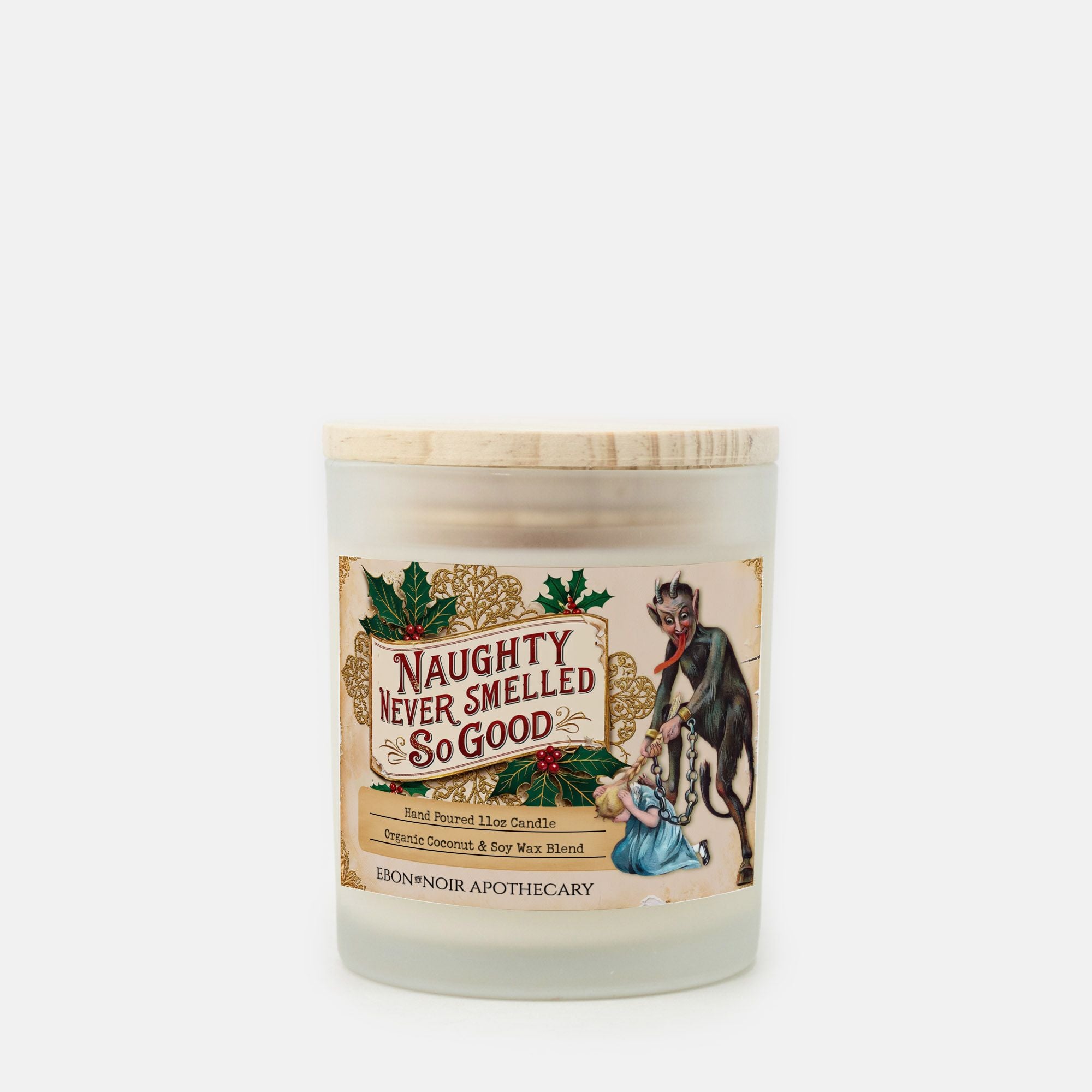 Naughty Never Smelled So Good, Krampus Christmas Candle, Frosted Glass Jar, Hand Poured Vegan Wax, Wooden Wick, 50+ Hours of Burn Time