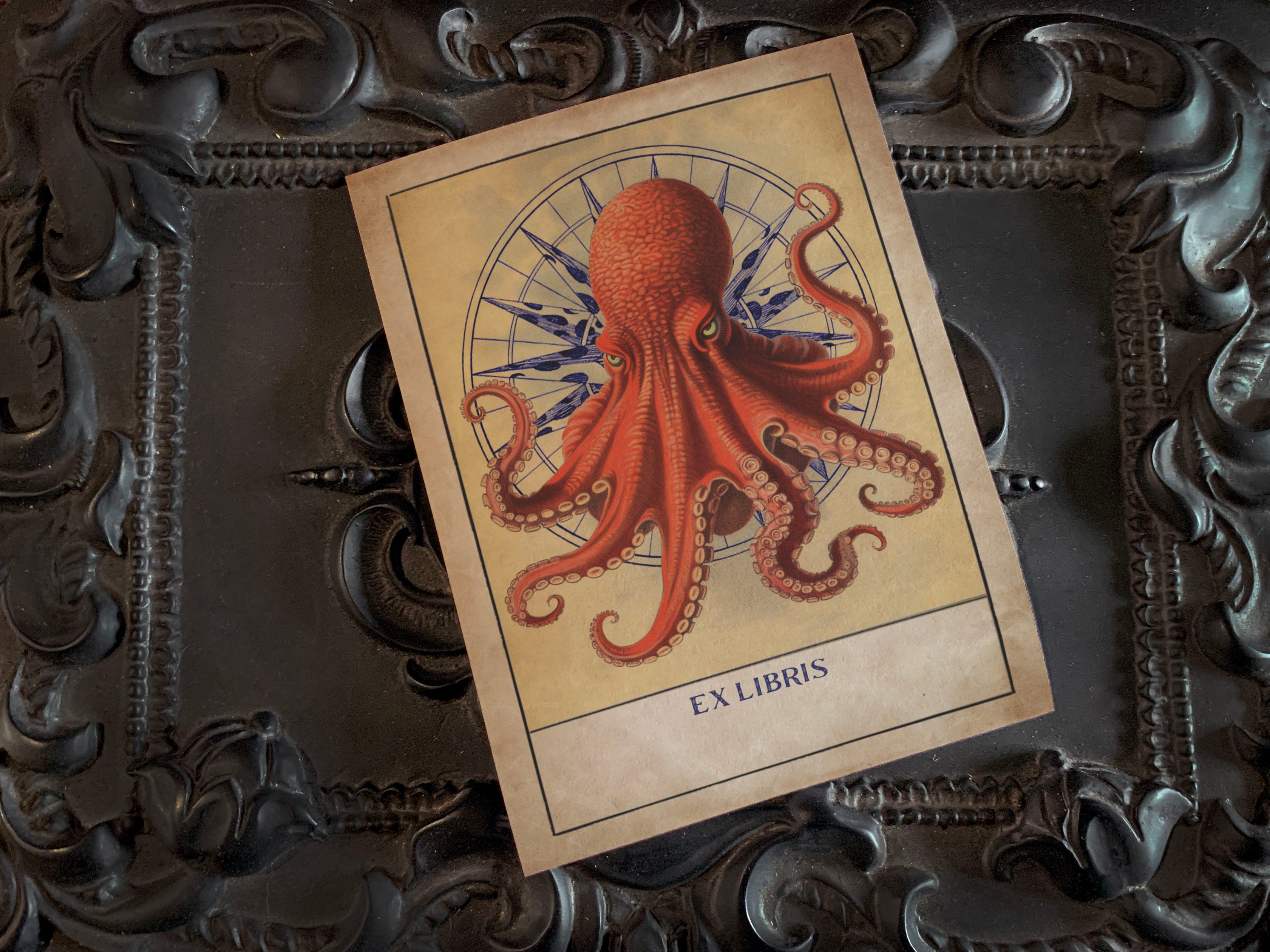 Red Octopus, Personalized Ex-Libris Bookplates, Crafted on Traditional Gummed Paper, 3in x 4in, Set of 30