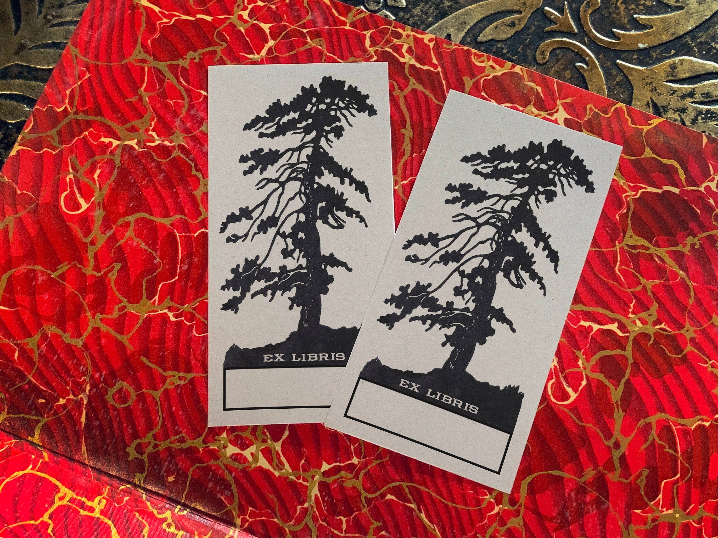 Windswept Pine, Personalized Ex-Libris Bookplates, Crafted on Traditional Gummed Paper, 4in x 2in, Set of 30