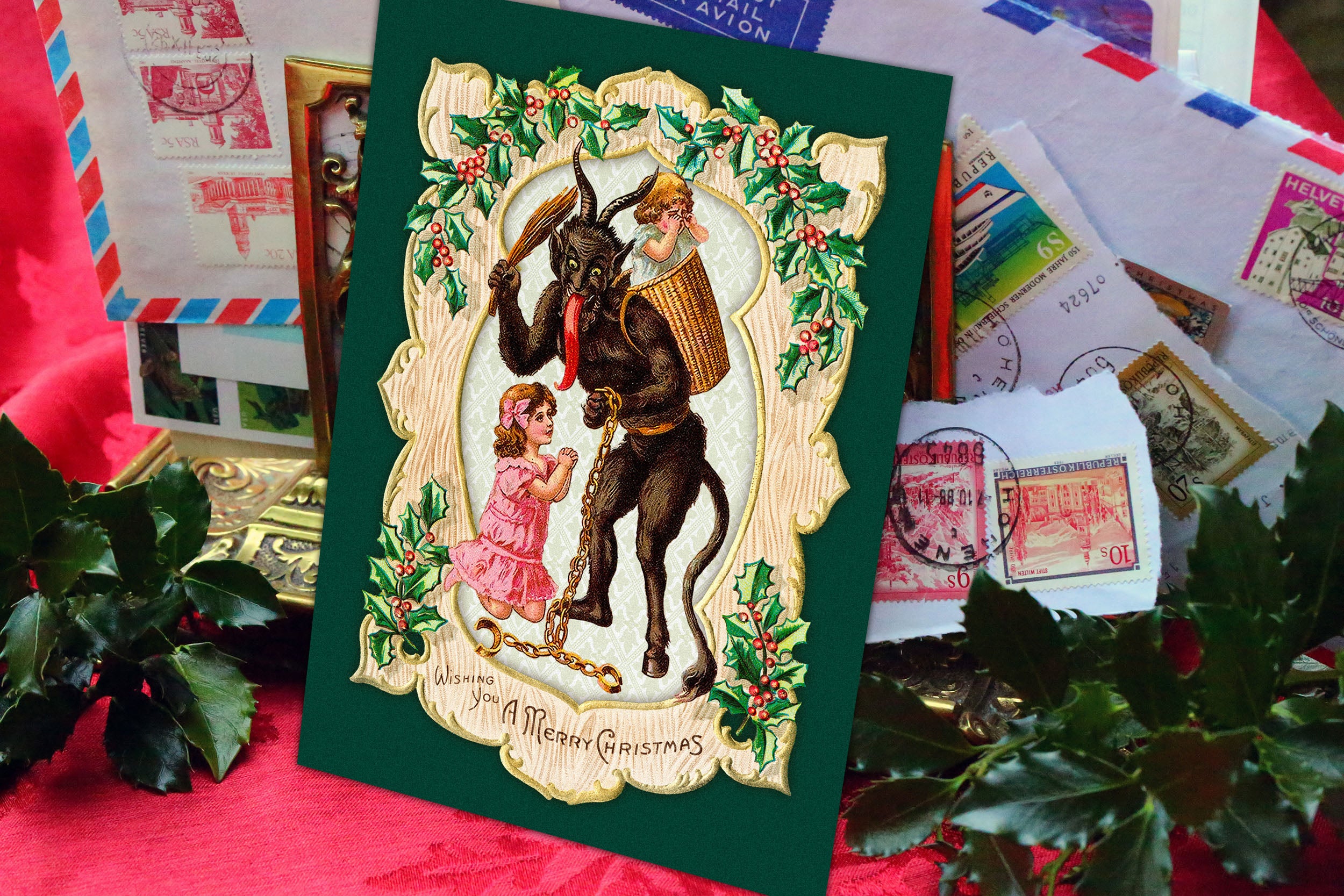 Naughty Krampus with Little Girls, Gruss Vom Krampus, Set of 5in x 7in Flat Christmas Cards With White Envelopes, 10 Cards/Envelopes