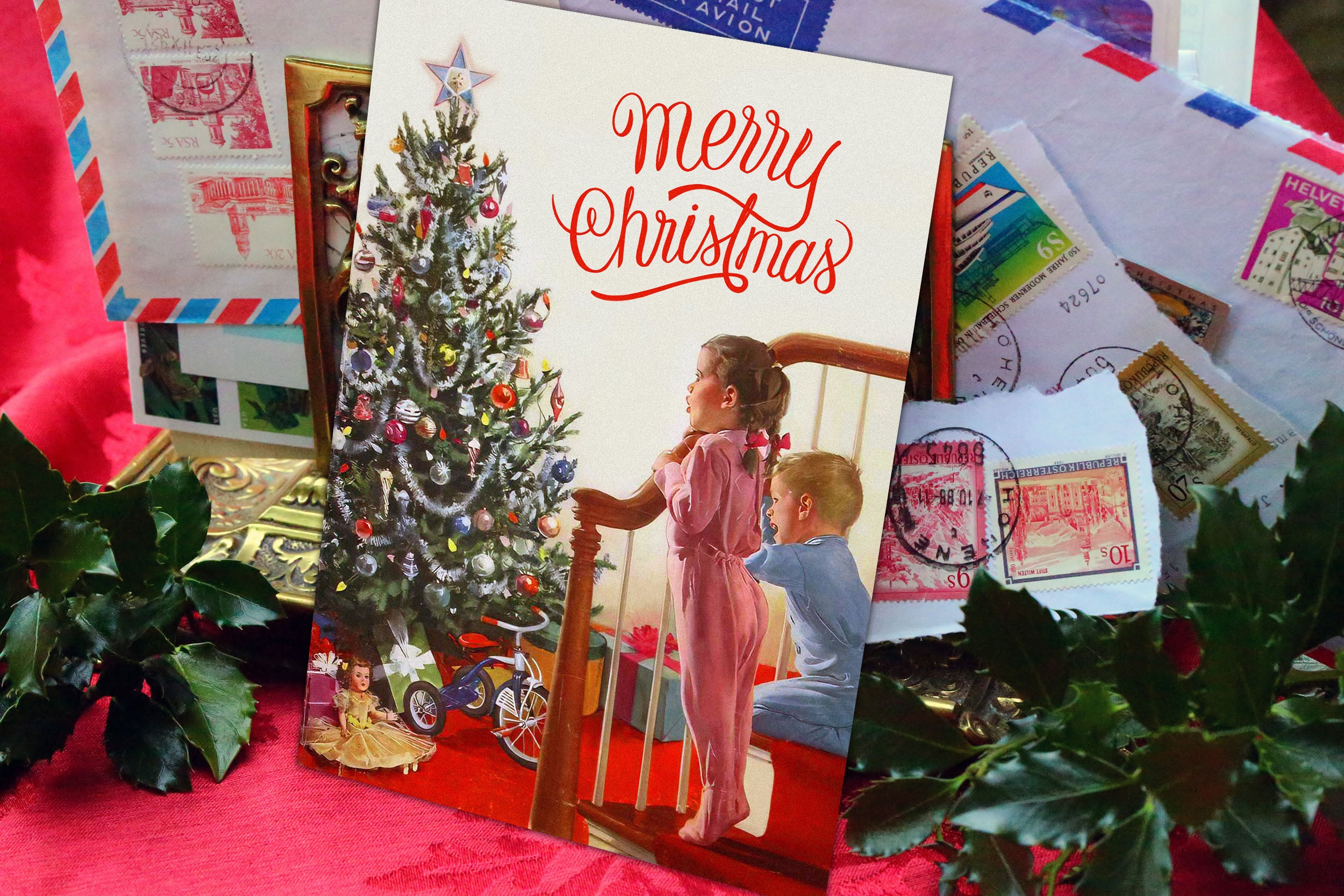 Christmas Morning, Set of 5in x 7in Flat Christmas Cards With White Envelopes