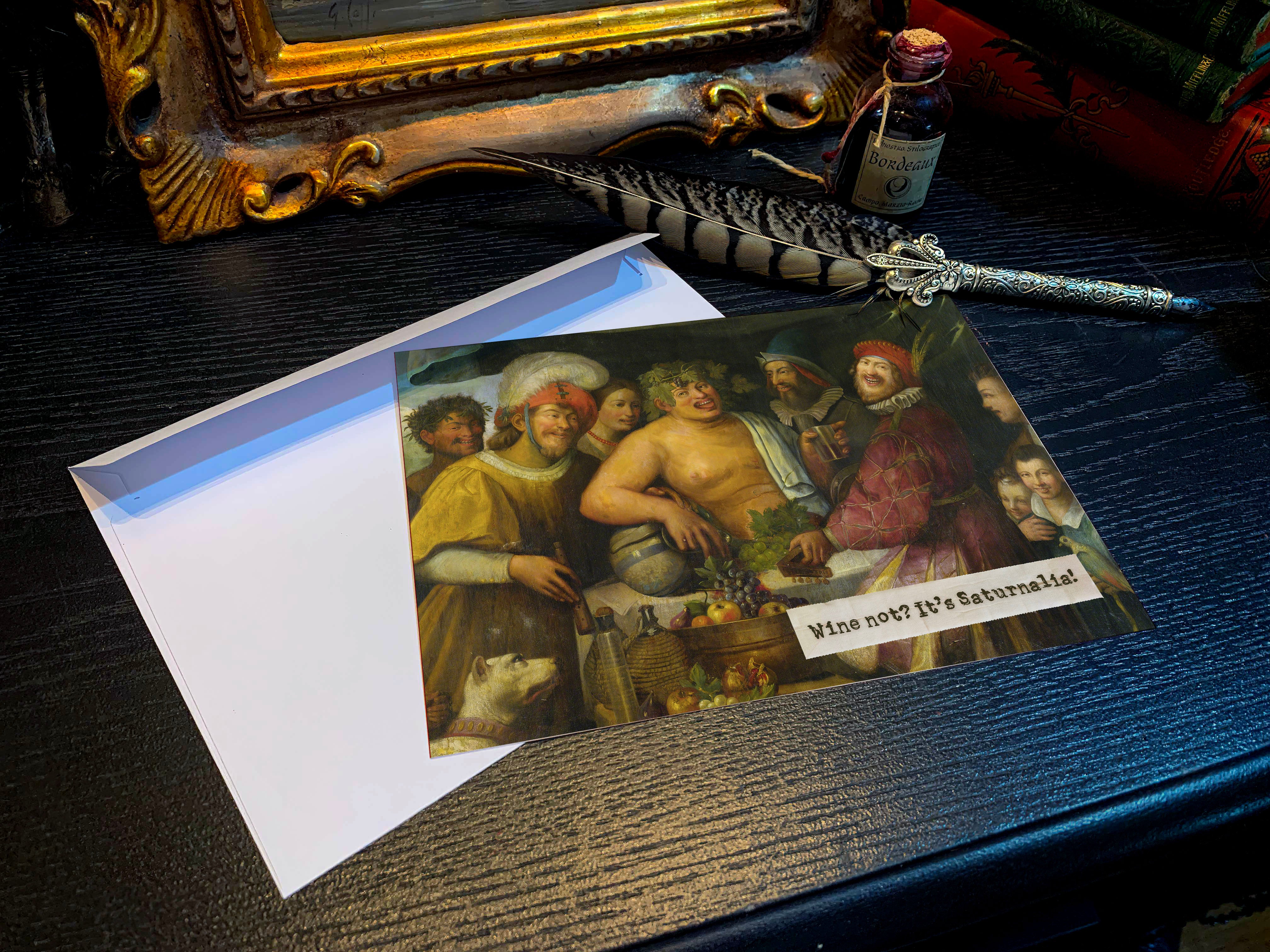 Wine not? It’s Saturnalia!, Set of 5in x 7in Flat Pagan Holiday Cards White Envelopes