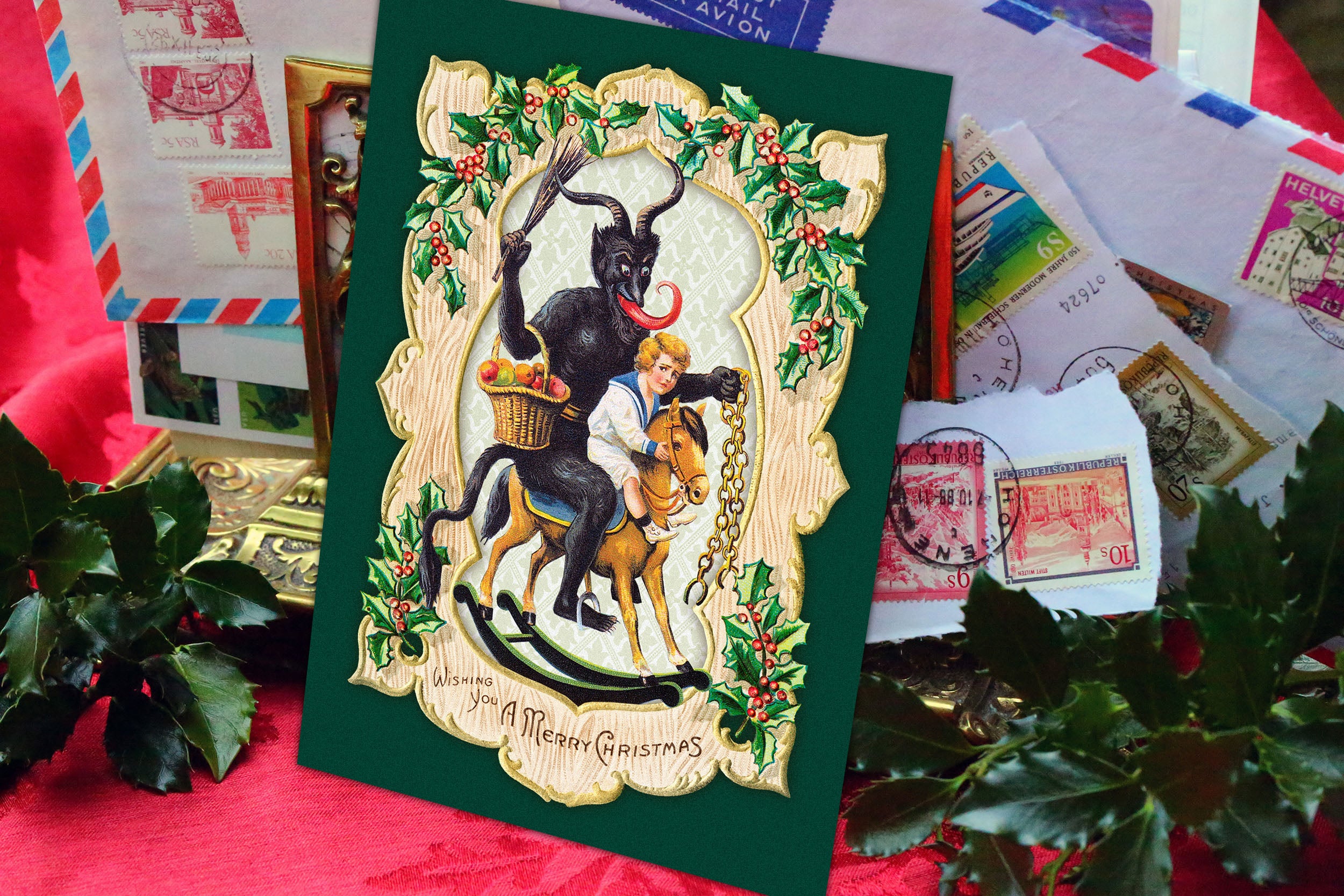 Naughty Krampus Rocking Horse, Gruss Vom Krampus, Set of 5in x 7in Flat Christmas Cards With White Envelopes, 10 Cards/Envelopes