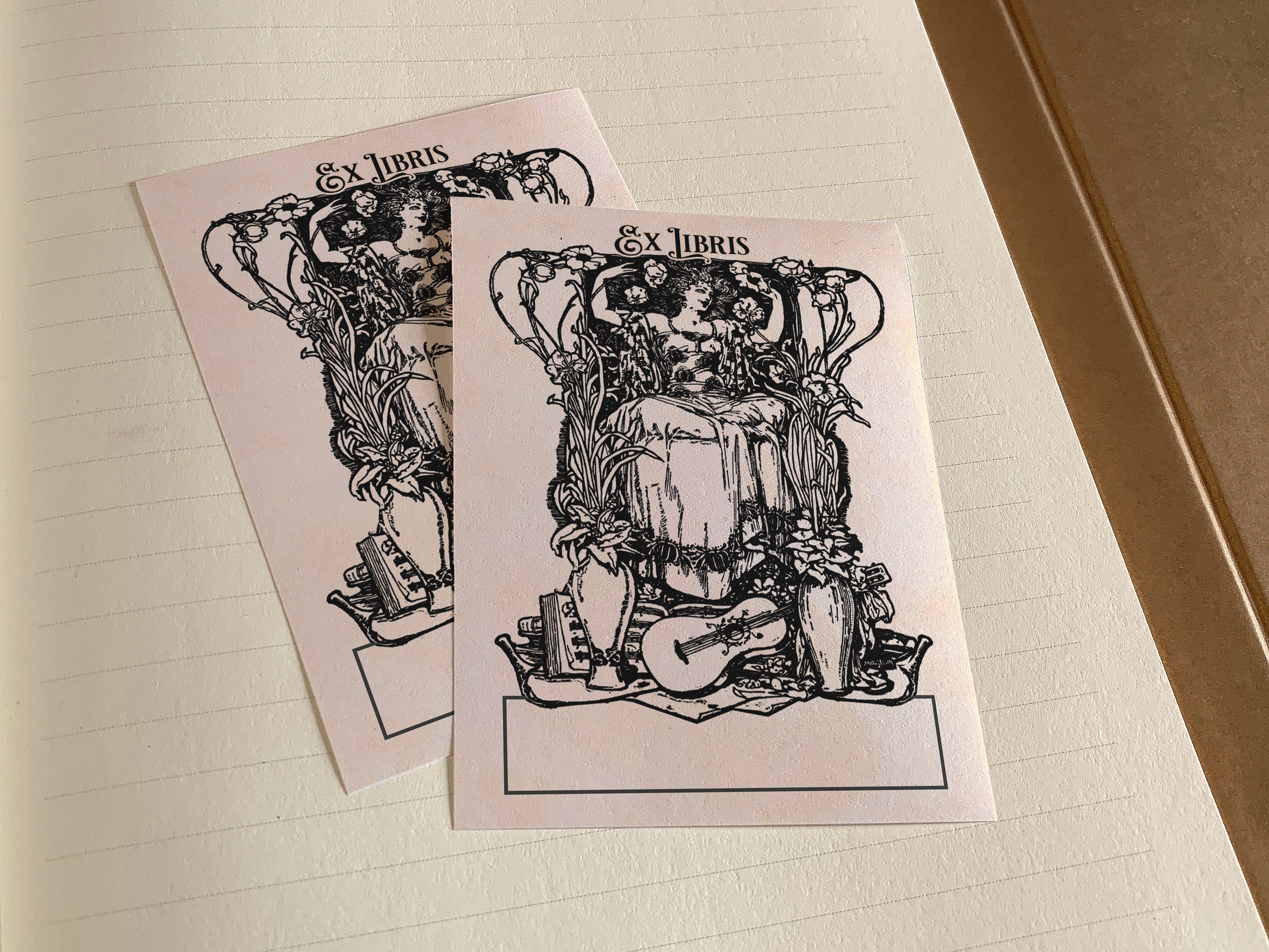 Muse's Melody, Personalized Art Nouveau Ex-Libris Bookplates, Crafted on Traditional Gummed Paper, 3in x 4in, Set of 30