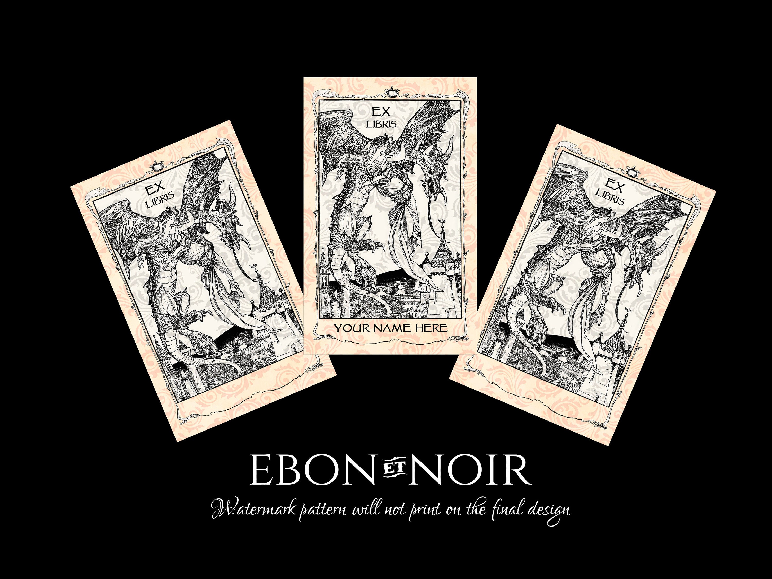 The Lady and the Dragon, Fairytale Personalized Ex-Libris Bookplates, Crafted on Traditional Gummed Paper, 2.5in x 4in, Set of 30