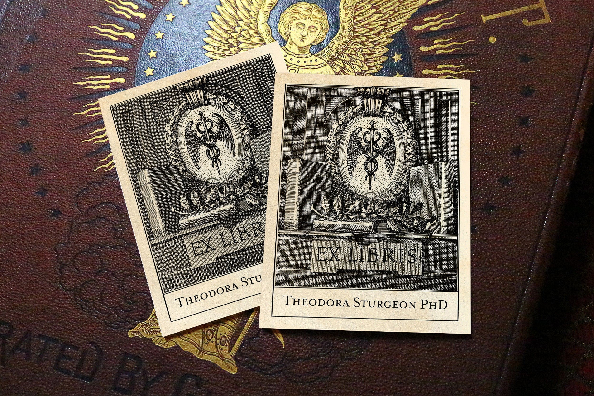 Caduceus, Personalized Ex-Libris Bookplates, Crafted on Traditional Gummed Paper, 3in x 4in, Set of 30