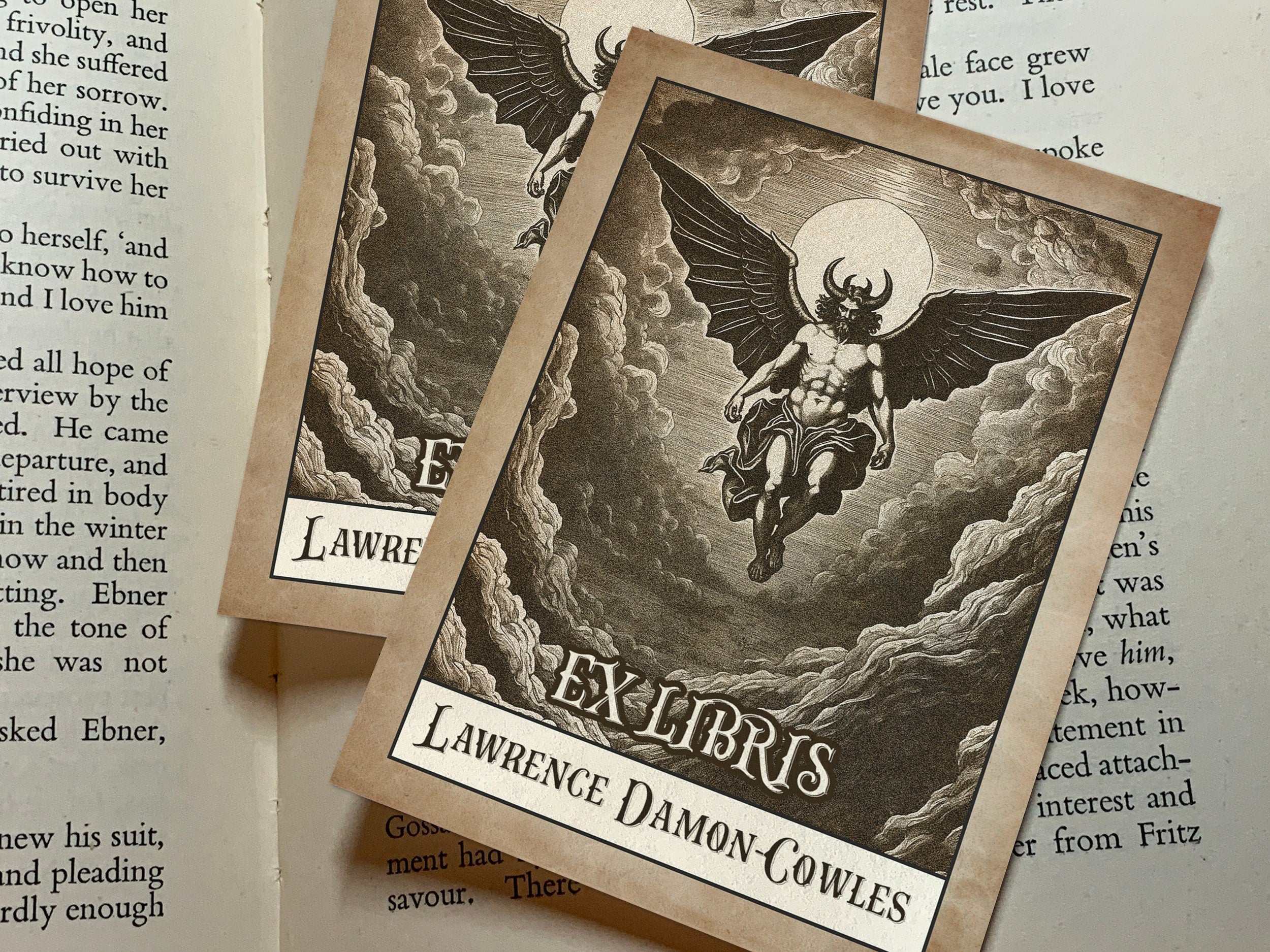 The Fallen Angel, Personalized Dark Academia Ex-Libris Bookplates, Crafted on Traditional Gummed Paper, 3in x 4in, Set of 30