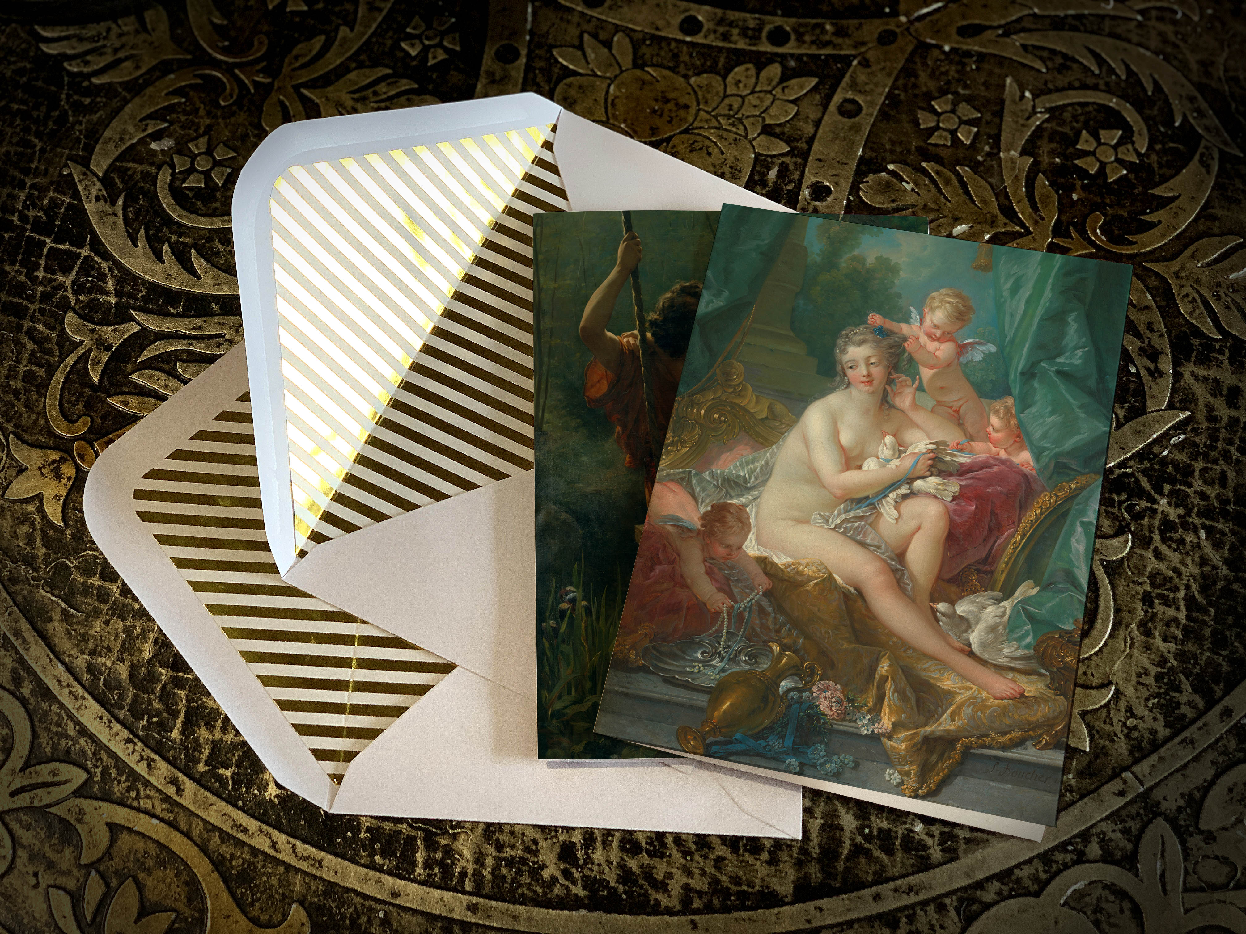 Romantic Interludes, Everyday Fine Art Greeting Cards with Elegant Striped Gold Foil Envelopes, 5in x 7in, 5 Cards/5 Envelopes
