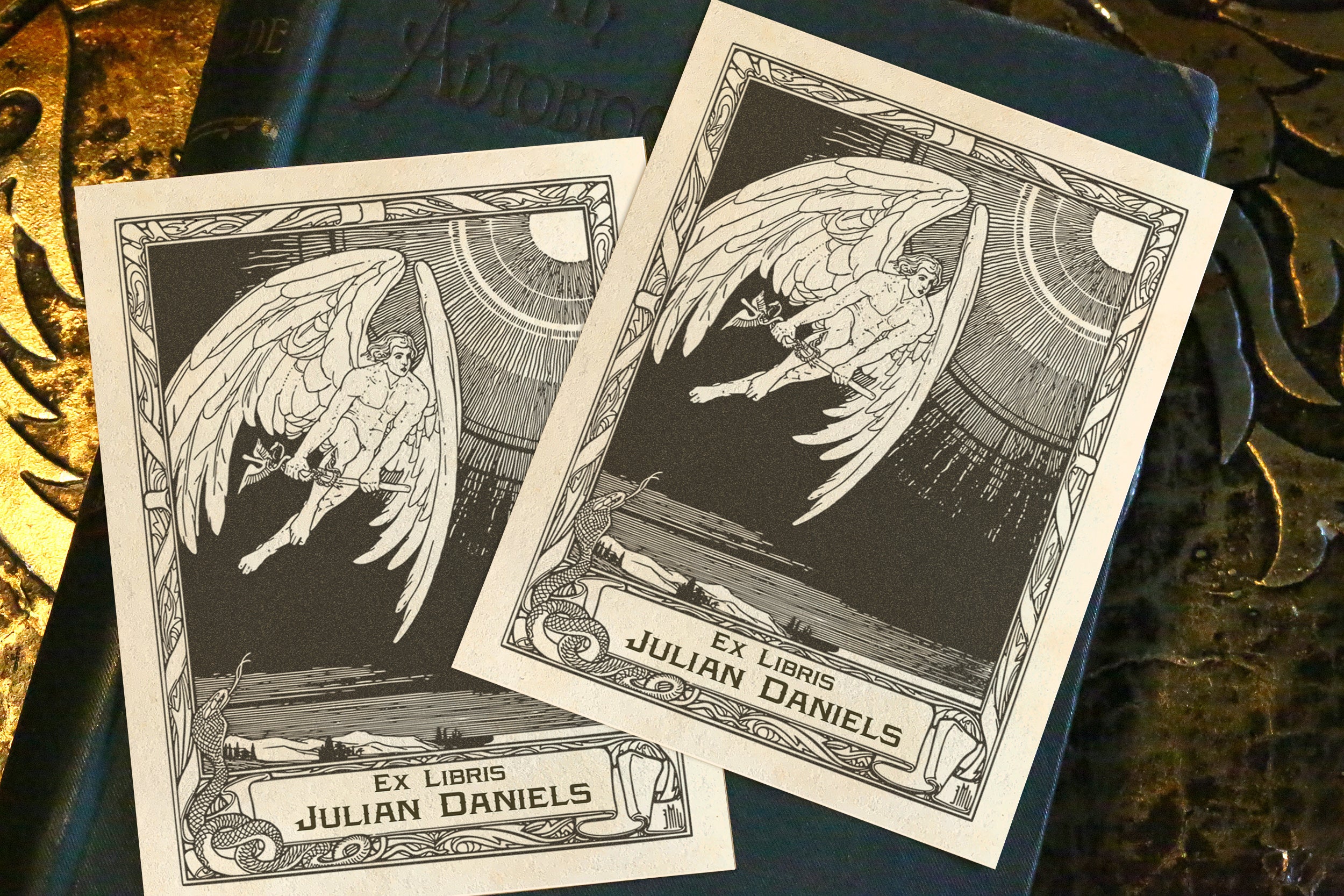 Hermes, Personalized Gothic Ex-Libris Bookplates, Crafted on Traditional Gummed Paper, 3in x 4in, Set of 30