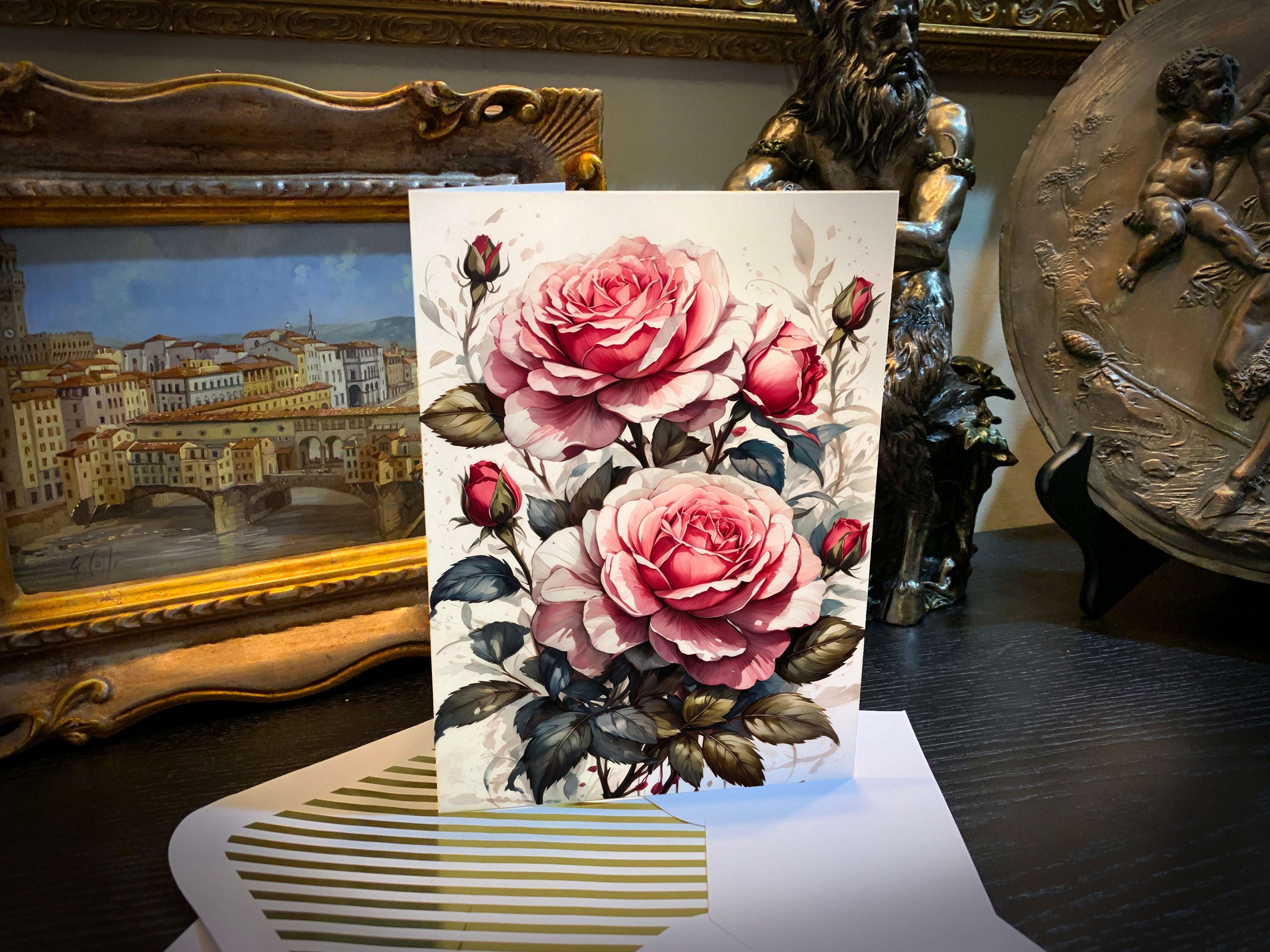 Cottage Garden Favorites, Floral Everyday Fine Art Greeting Cards with Elegant Striped Gold Foil Envelopes, 5 Cards/5 Envelopes