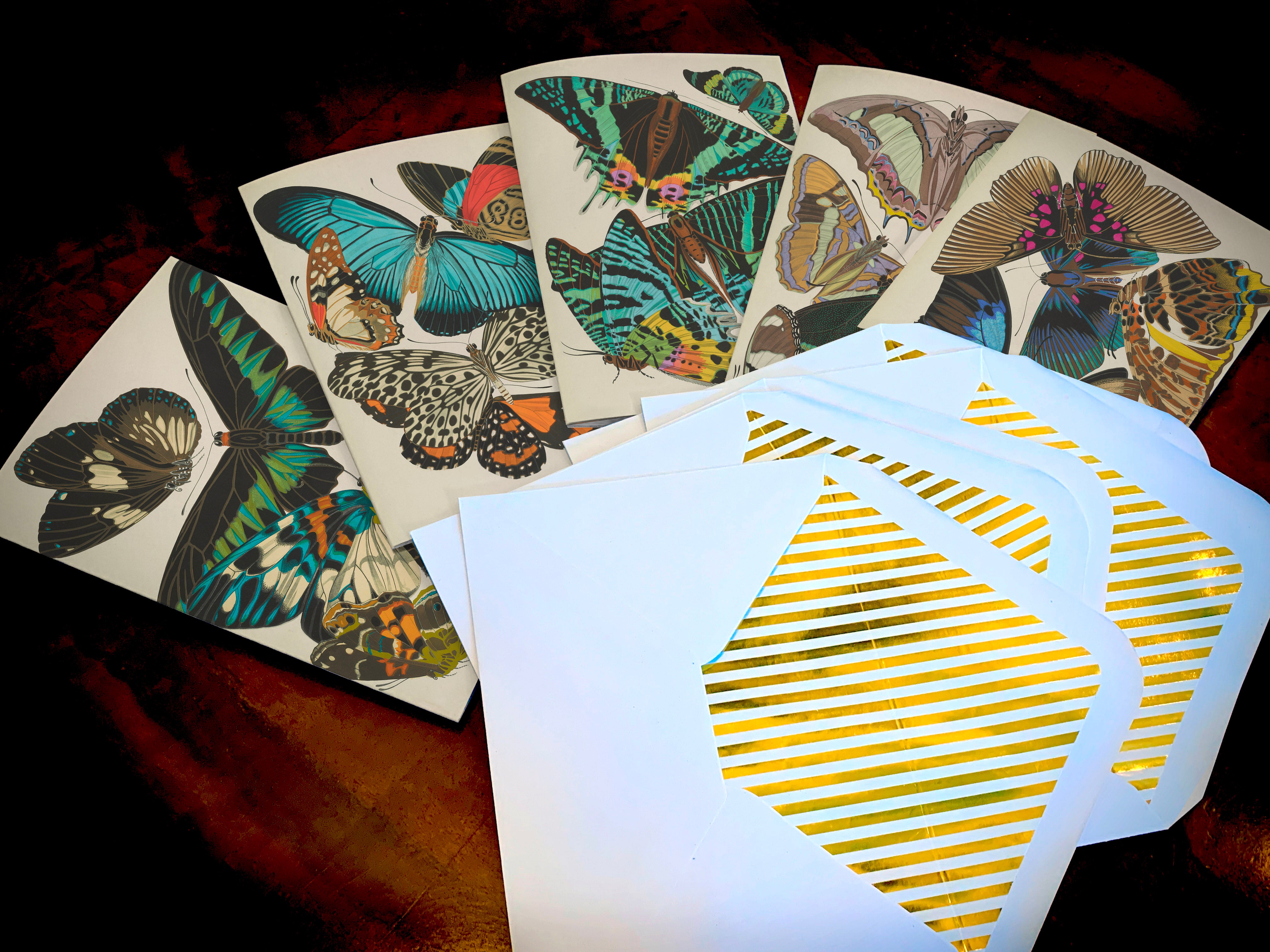 Butterflies by E.A. Seguy, Everyday Greeting Cards with Elegant Striped Gold Foil Envelopes, 5in x 7in, 5 Cards/5 Envelopes