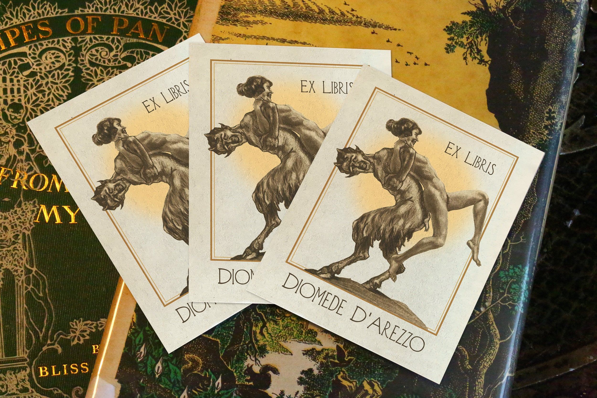 Mythical Revelry, Satyr and Nymph, Personalized, Ex-Libris Bookplates, Crafted on Traditional Gummed Paper, 3in x 4in, Set of 30