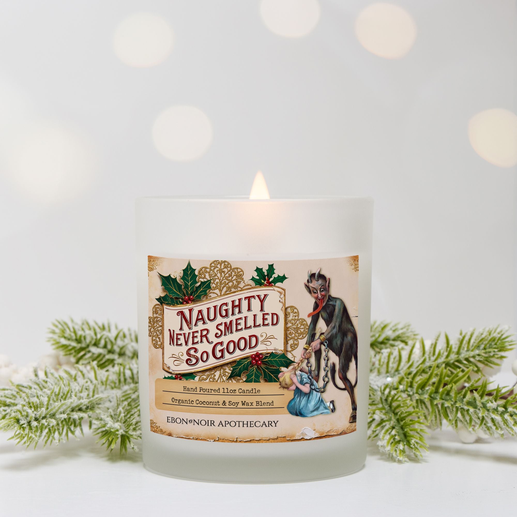 Naughty Never Smelled So Good, Krampus Christmas Candle, Frosted Glass Jar, Hand Poured Vegan Wax, Wooden Wick, 50+ Hours of Burn Time