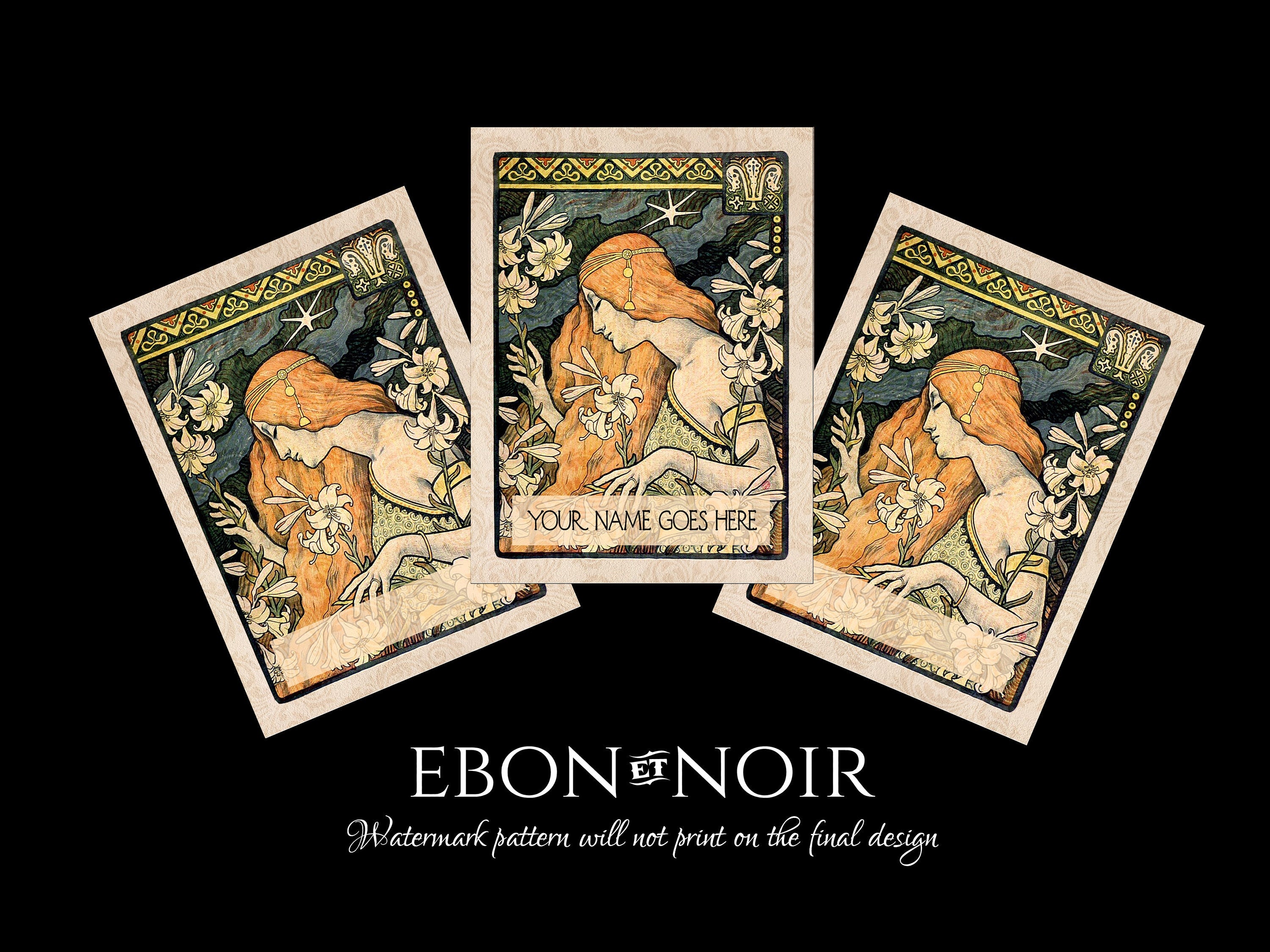 Among the Lilies, Personalized Art Nouveau Ex-Libris Bookplates, Crafted on Traditional Gummed Paper, 3in x 4in, Set of 30
