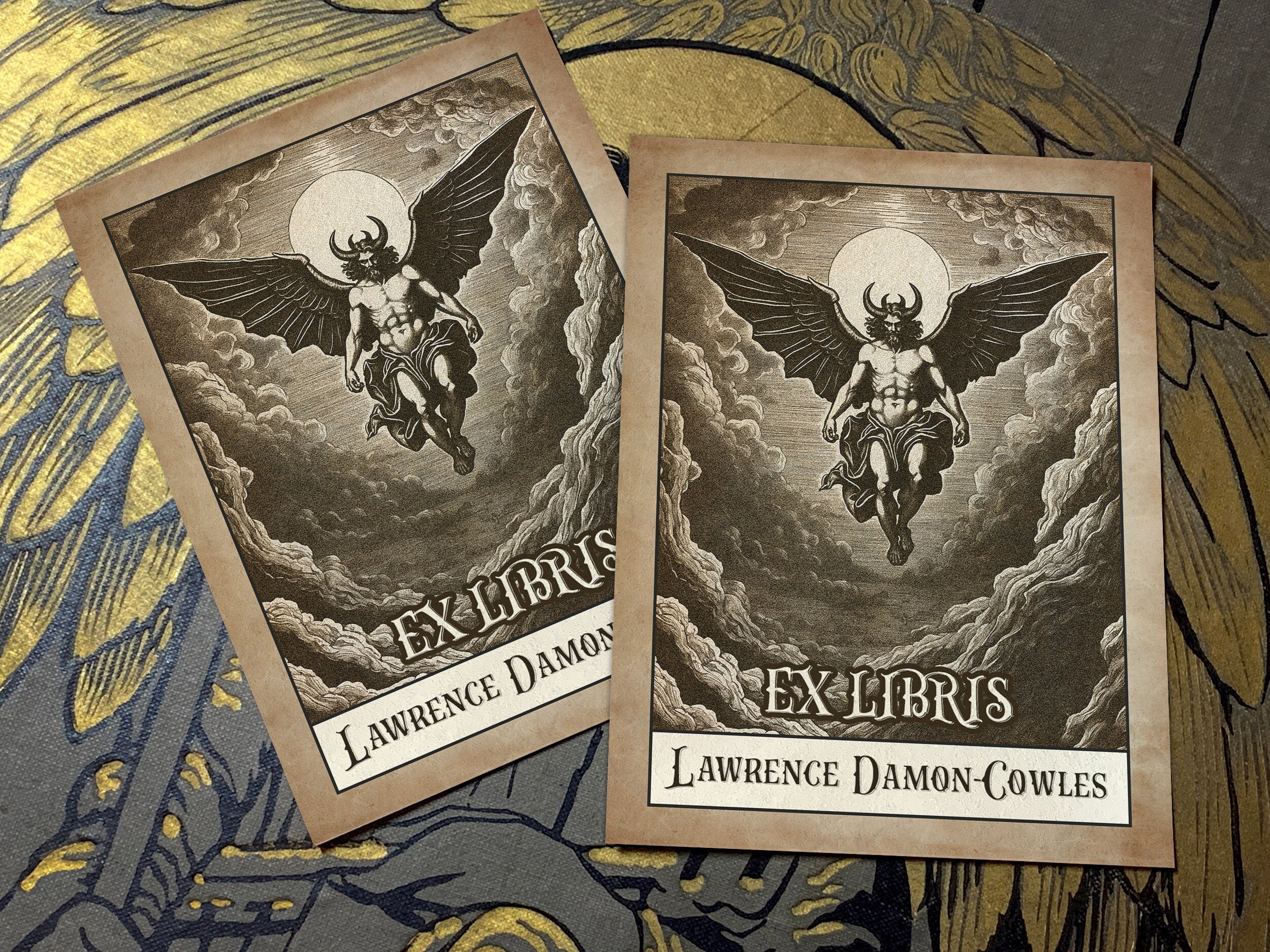 The Fallen Angel, Personalized Dark Academia Ex-Libris Bookplates, Crafted on Traditional Gummed Paper, 3in x 4in, Set of 30