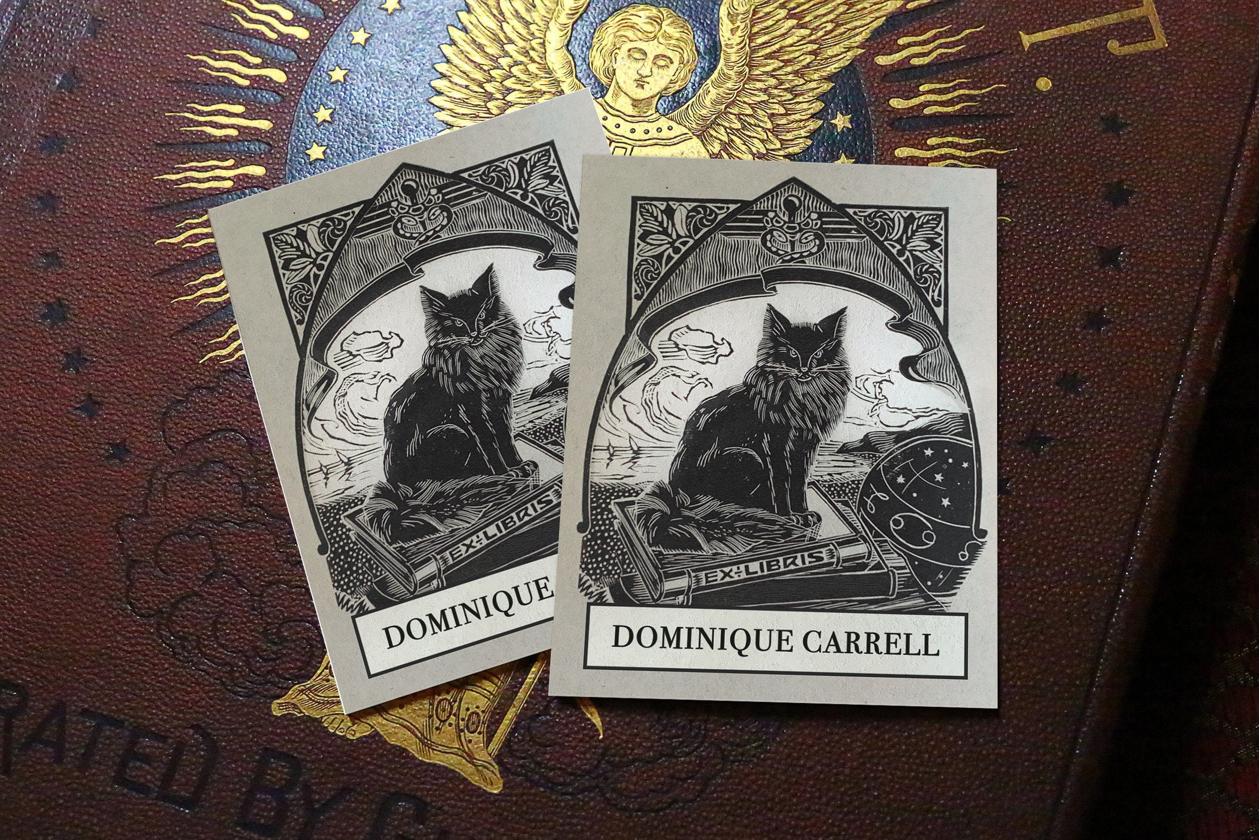 Mysterious Black Cat, Personalized Dark Academia Ex-Libris Bookplates, Crafted on Traditional Gummed Paper, 3in x 4in, Set of 30