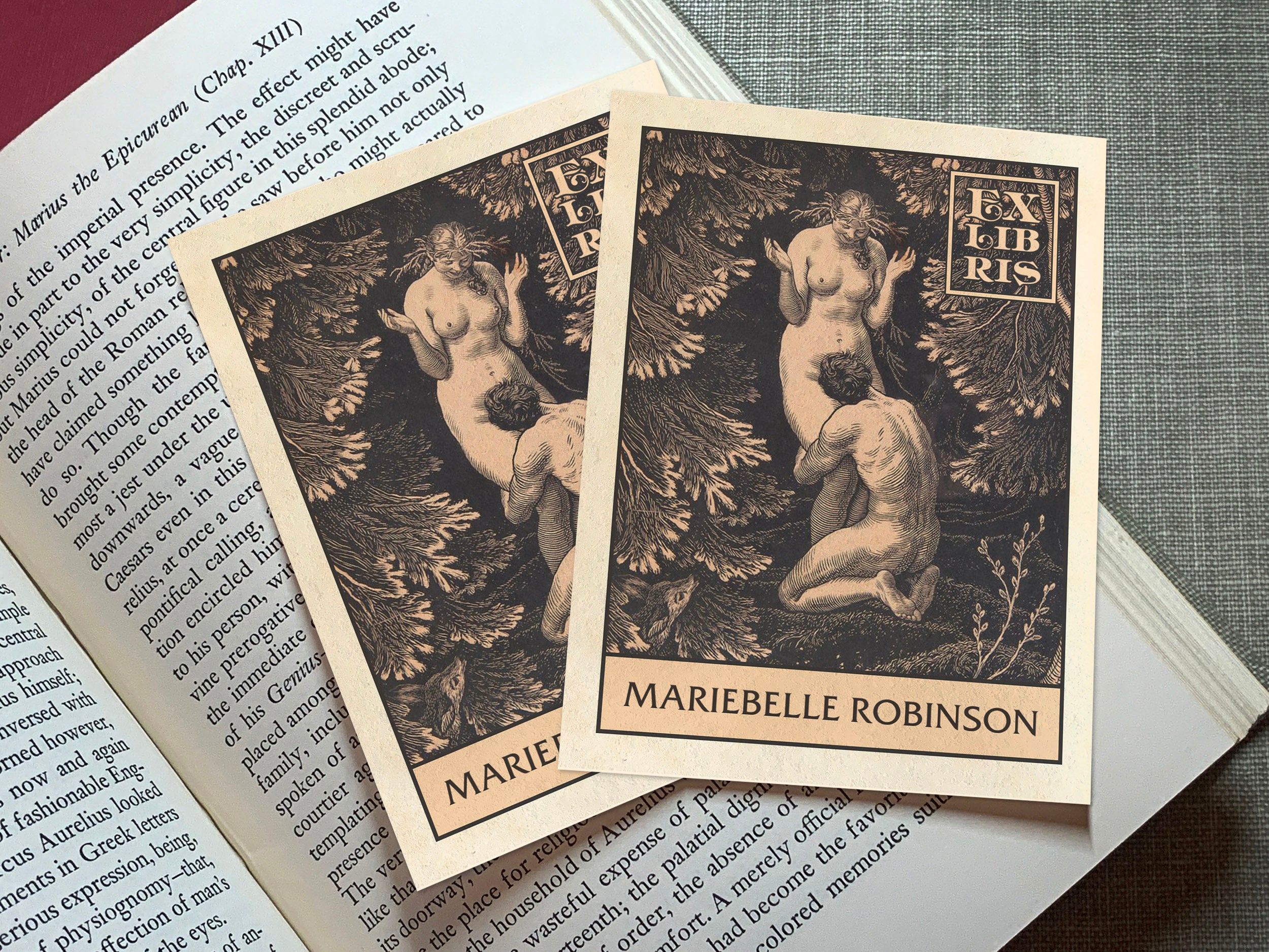 In Paradise, Personalized Erotic Ex-Libris Bookplates, Crafted on Traditional Gummed Paper, 3in x 4in, Set of 30