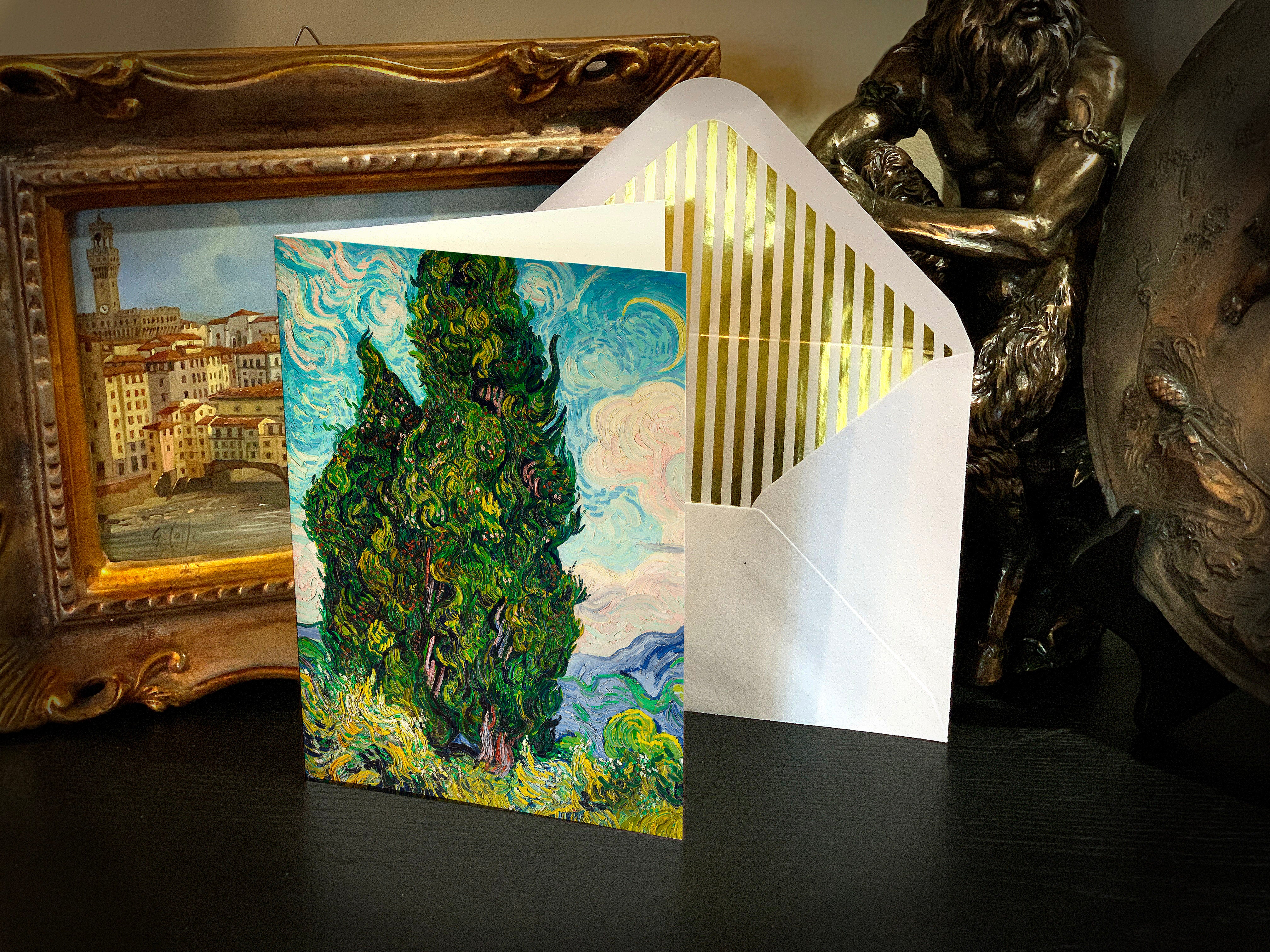 Van Gogh Countryside, Everyday Fine Art Greeting Cards with Elegant Striped Gold Foil Envelopes, 5in x 7in, 5 Cards/5 Envelopes
