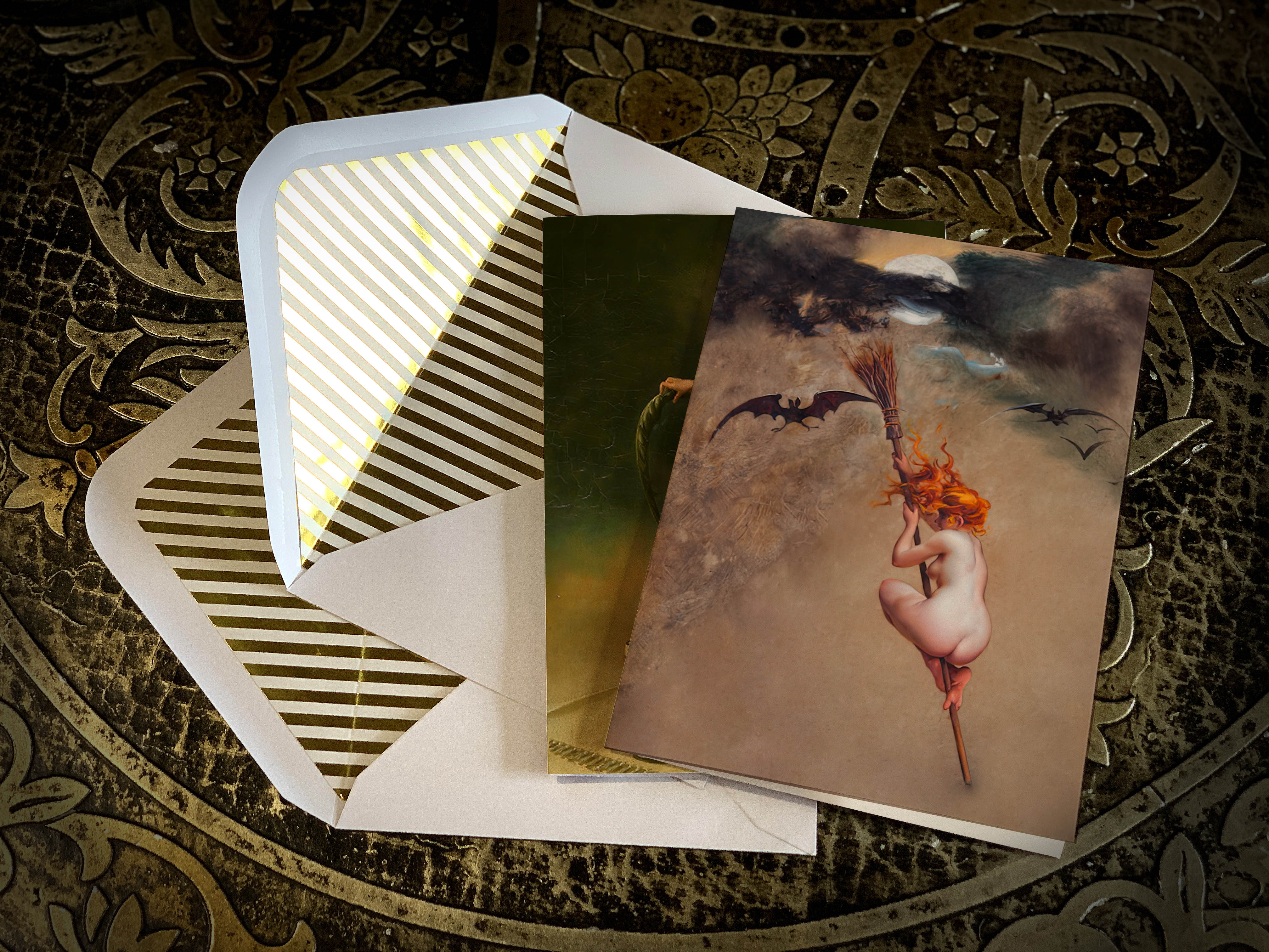 Myths by Luis Ricardo Falero, Fine Art Greeting Cards with Elegant Striped Gold Foil Envelopes, 5in x 7in, 5 Cards/5 Envelopes