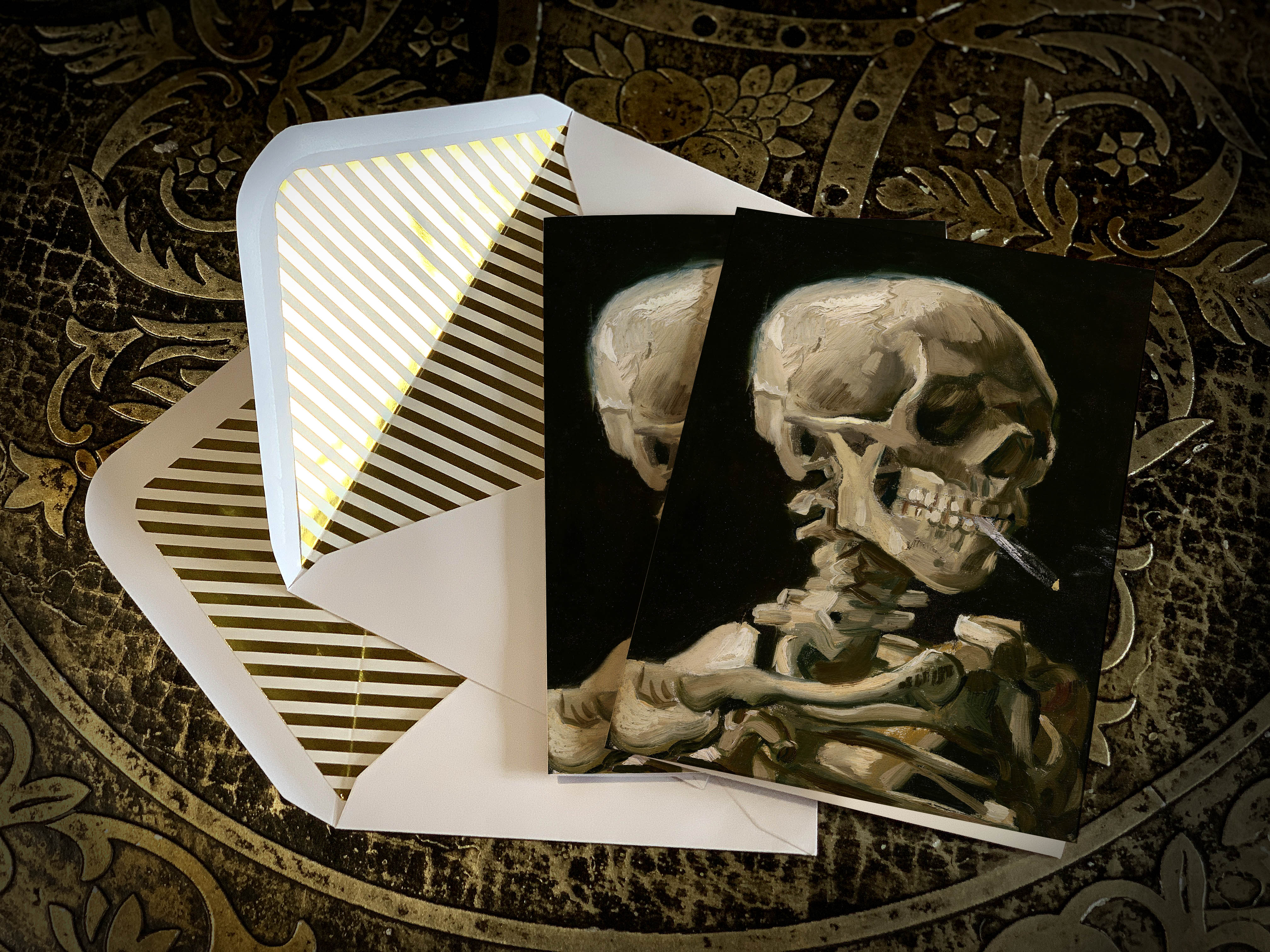 Head of a Skeleton by Vincent Van Gogh, Dark Academia Greeting Card with Elegant Striped Gold Foil Envelope, 1 Card/Envelope