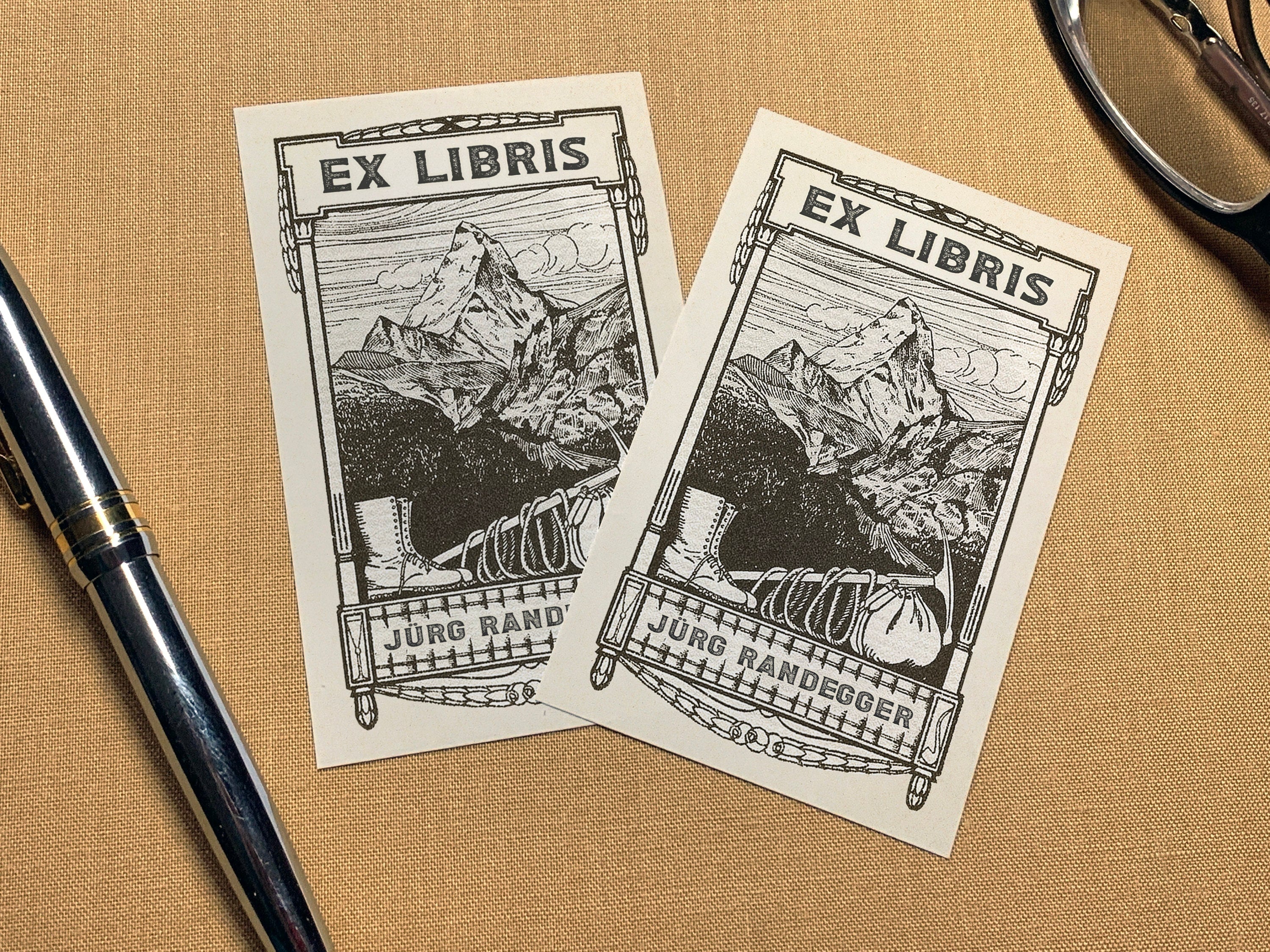 Trekking to the Matterhorn, Personalized Ex-Libris Bookplates, Crafted on Traditional Gummed Paper, 4in x 2.5in, Set of 30