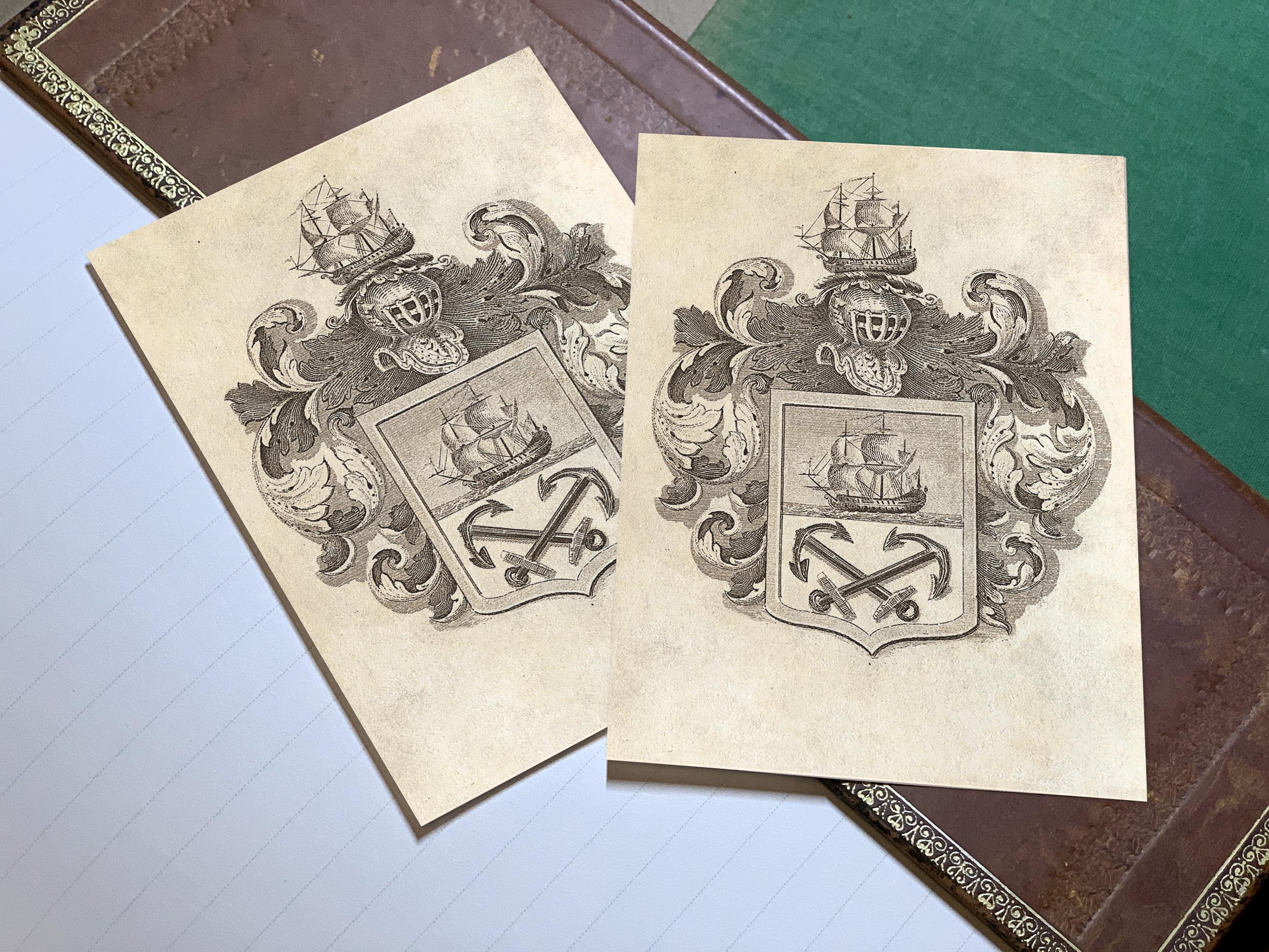 Two Anchors, Personalized Heraldic Ex-Libris Bookplates, Crafted on Traditional Gummed Paper, 3in x 4in, Set of 30